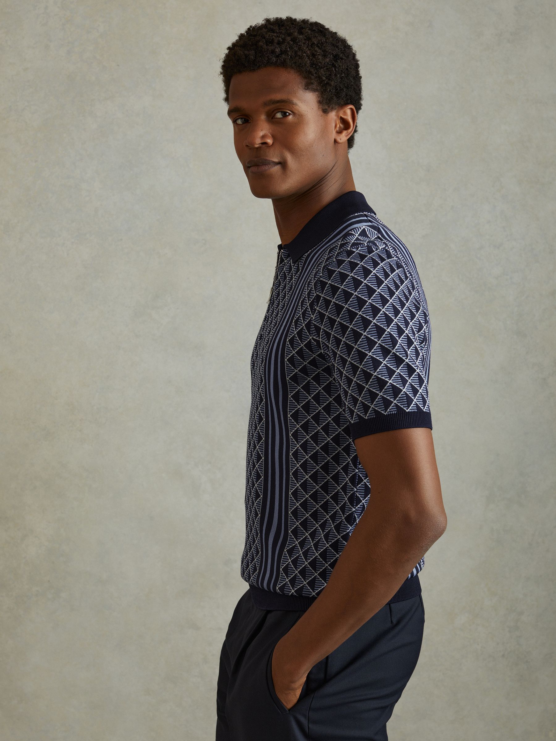 Half-Zip Diamond Stitch Polo Shirt in Navy