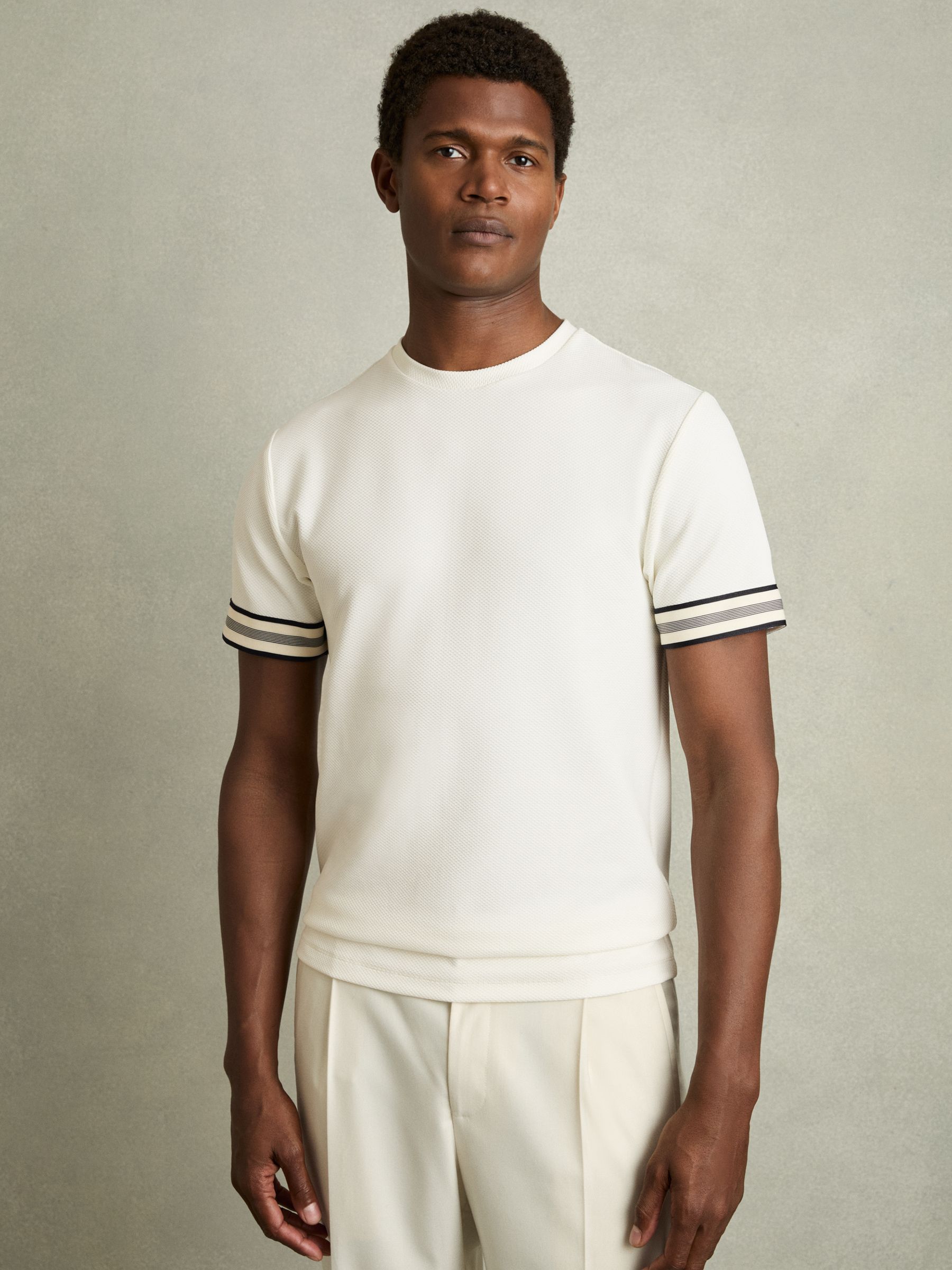 Tape-Cuff Textured T-Shirt in White