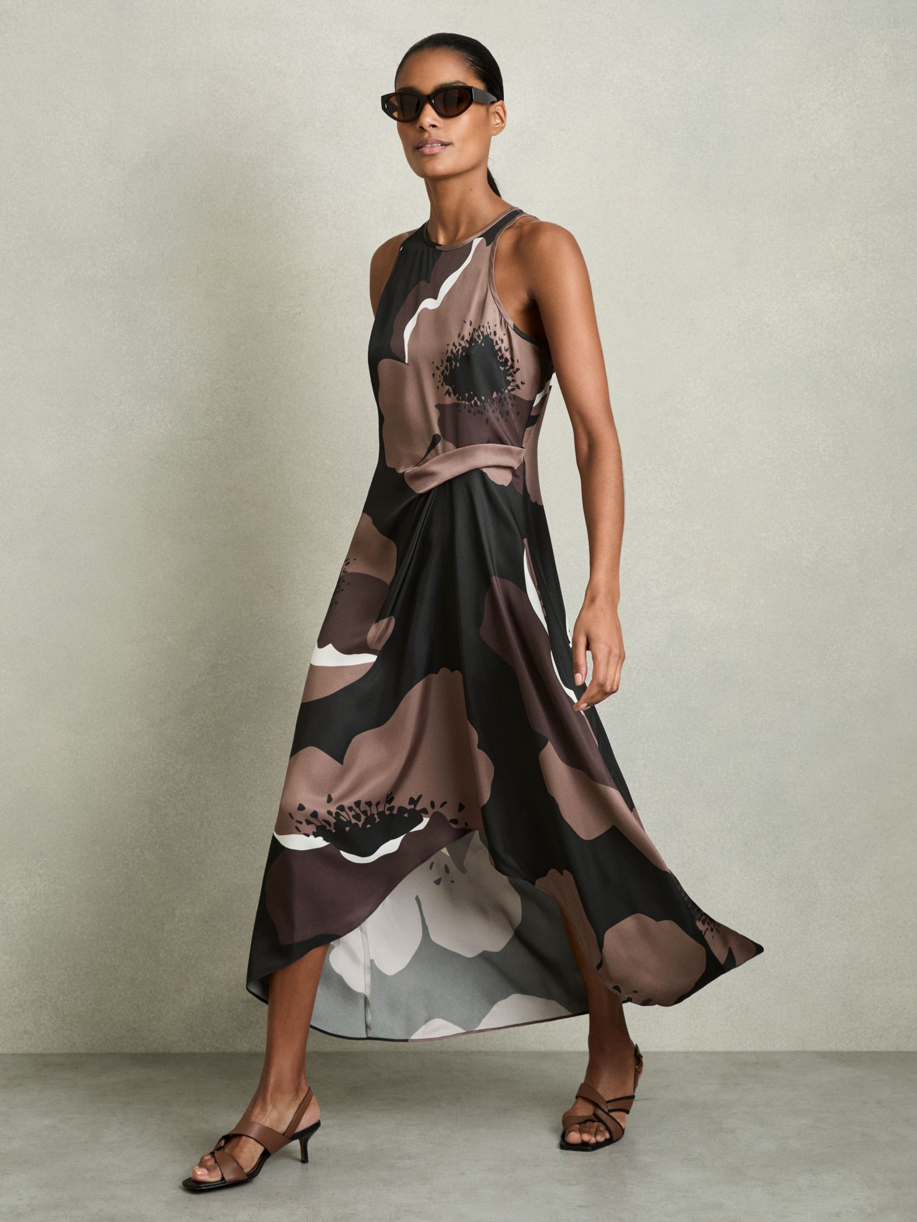 Satin Floral Tuck Midi Dress in Brown