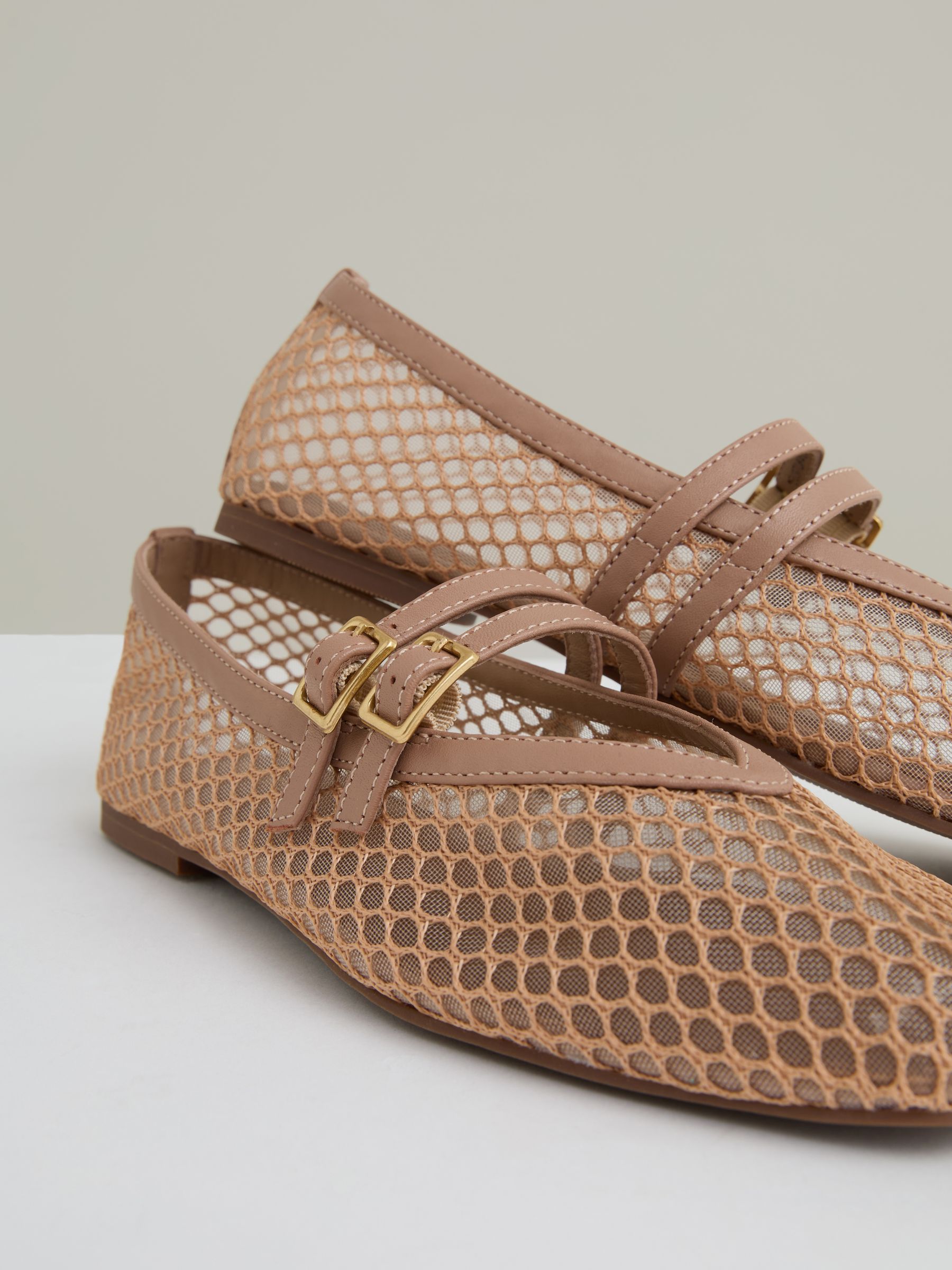 Mesh Double-Strap Ballet Flats in Neutral
