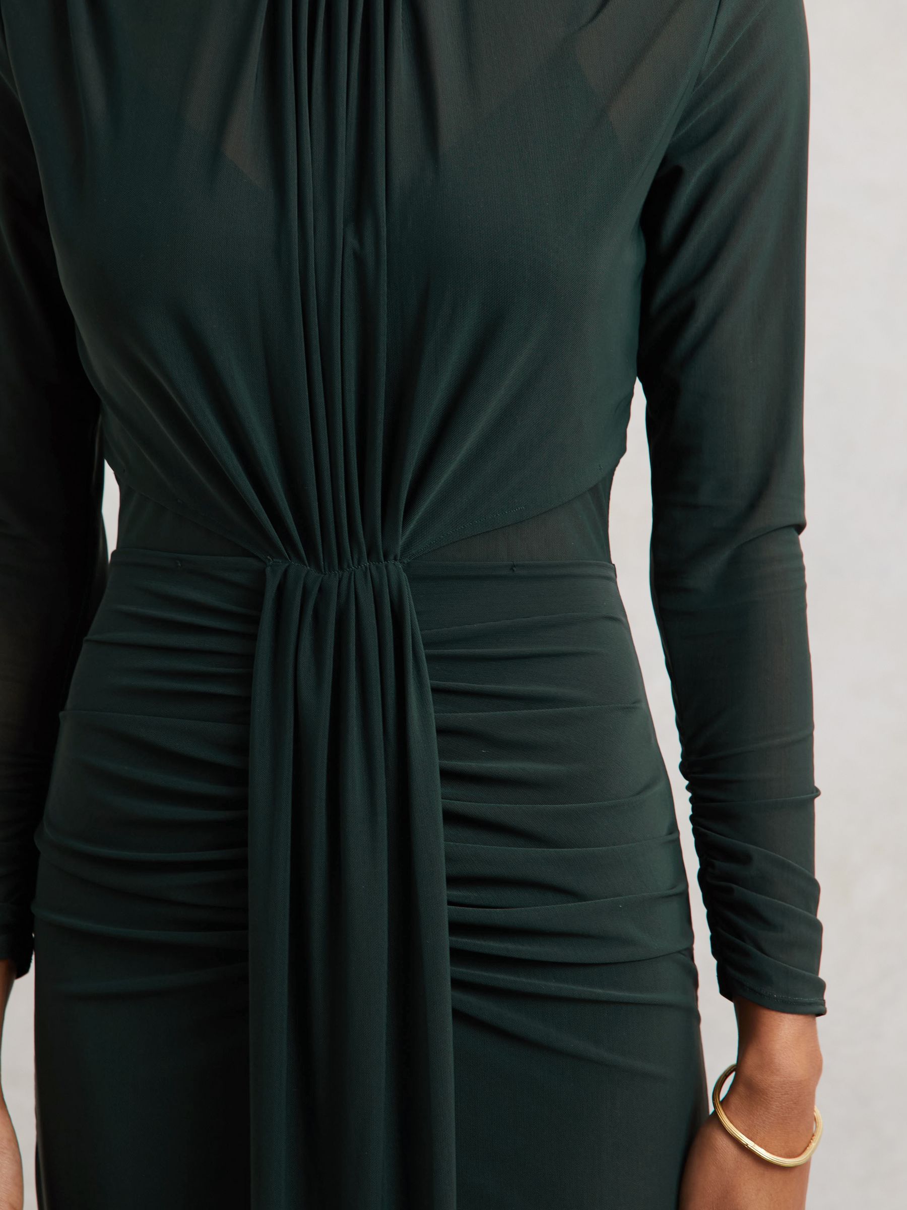 Ruched Long-Sleeve Maxi Dress in Dark Green