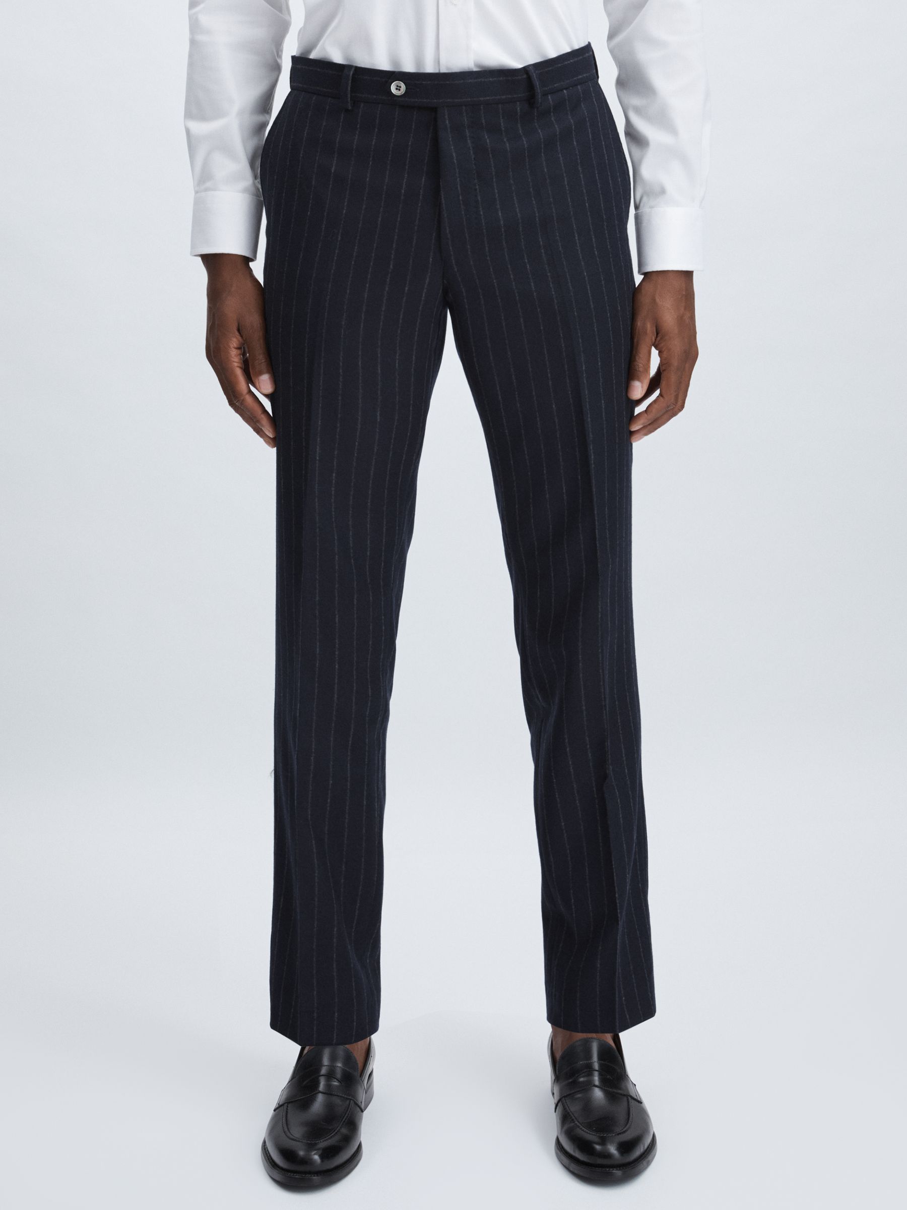 Oscar Jacobson 100% Wool Slim-Fit Pinstripe Suit Trousers in Navy