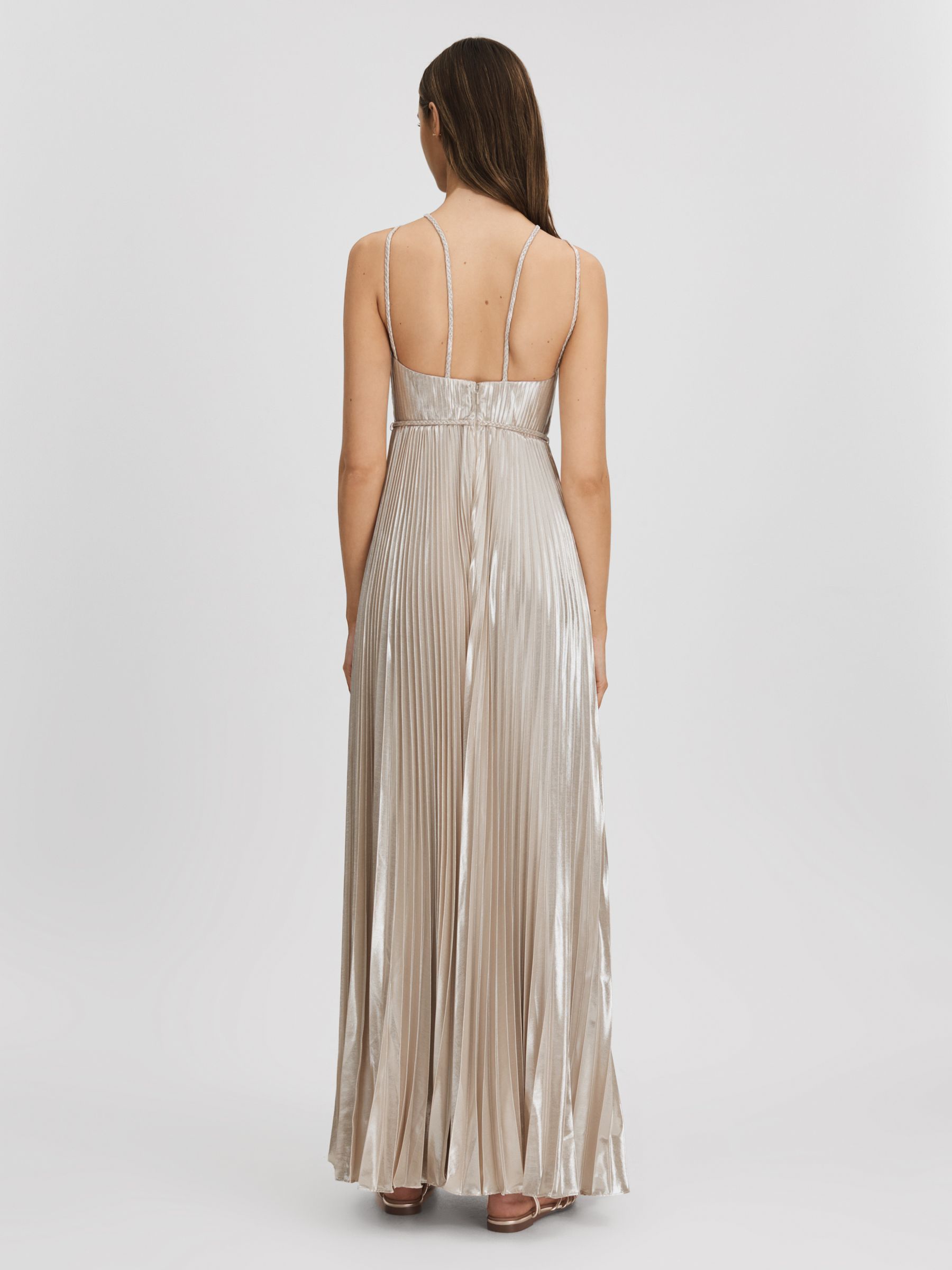 Halston Metallic Pleated Maxi Dress in Nude