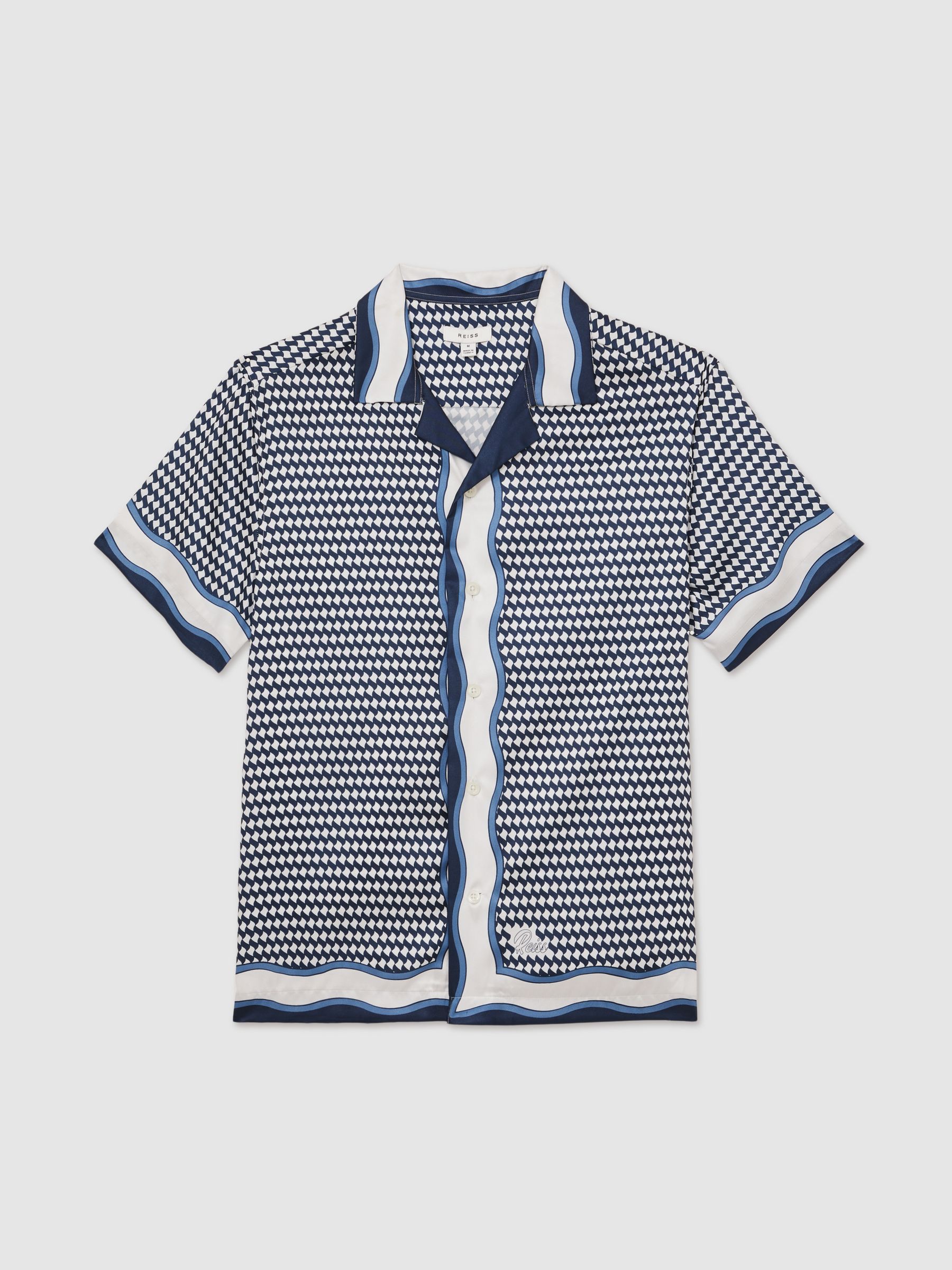 Geometric-Print Cuban-Collar Shirt in White/Navy