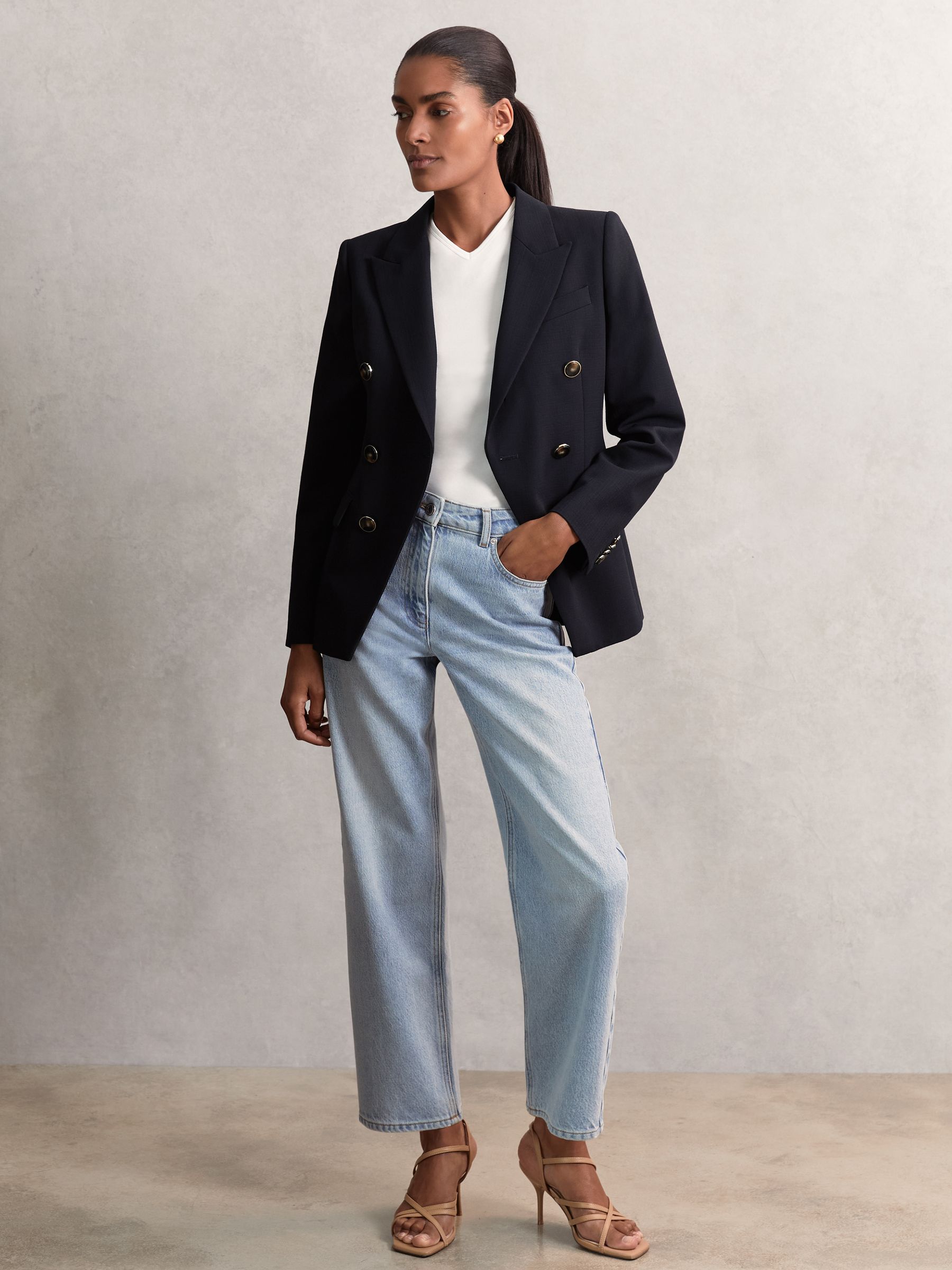 Wool-Blend Double-Breasted Blazer in Navy