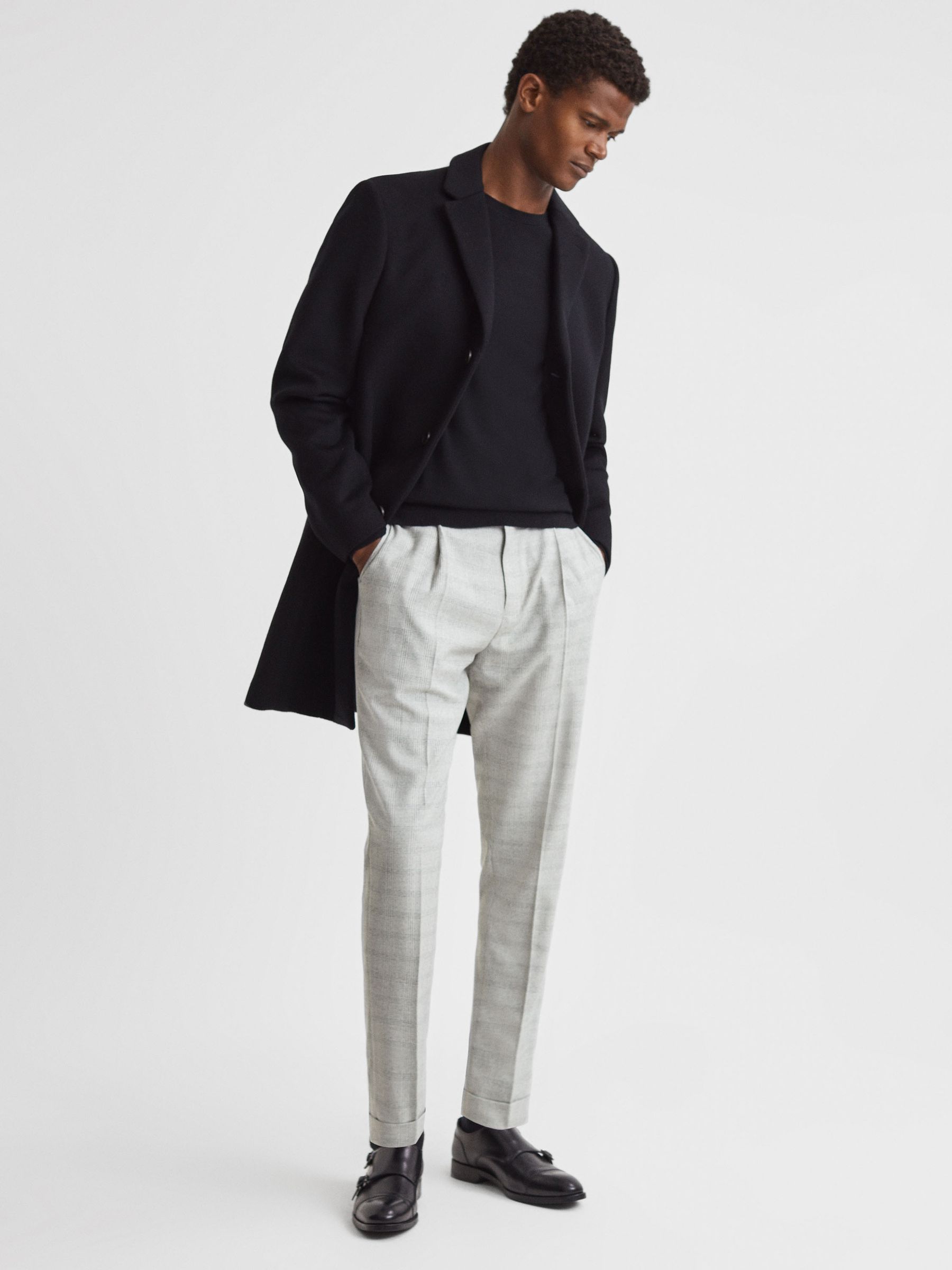 Slim Fit Prince of Wales Rolled Hem Trousers in Soft Grey