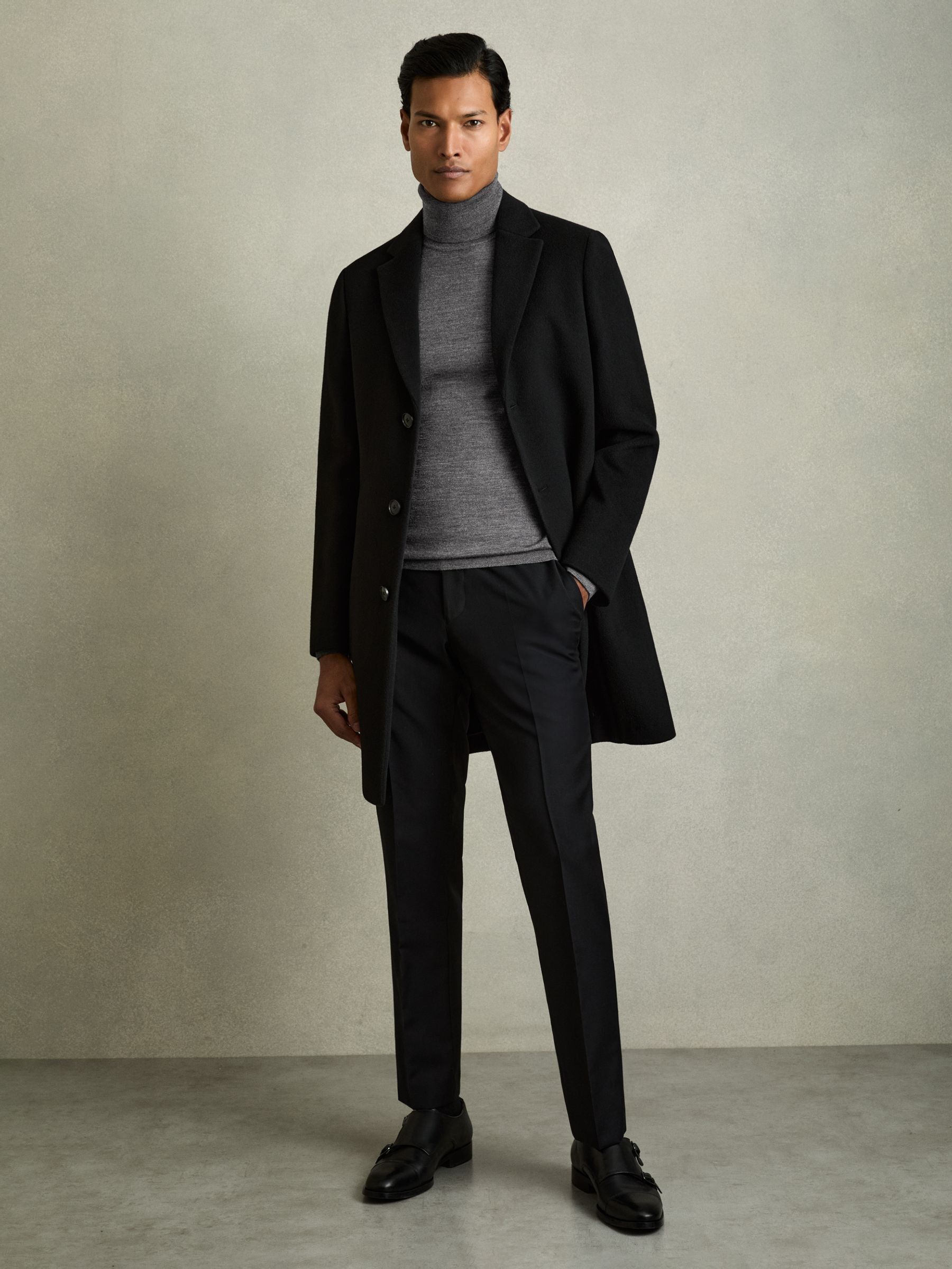 Slim Fit Merino Wool Roll Neck Jumper in Derby Grey Marl