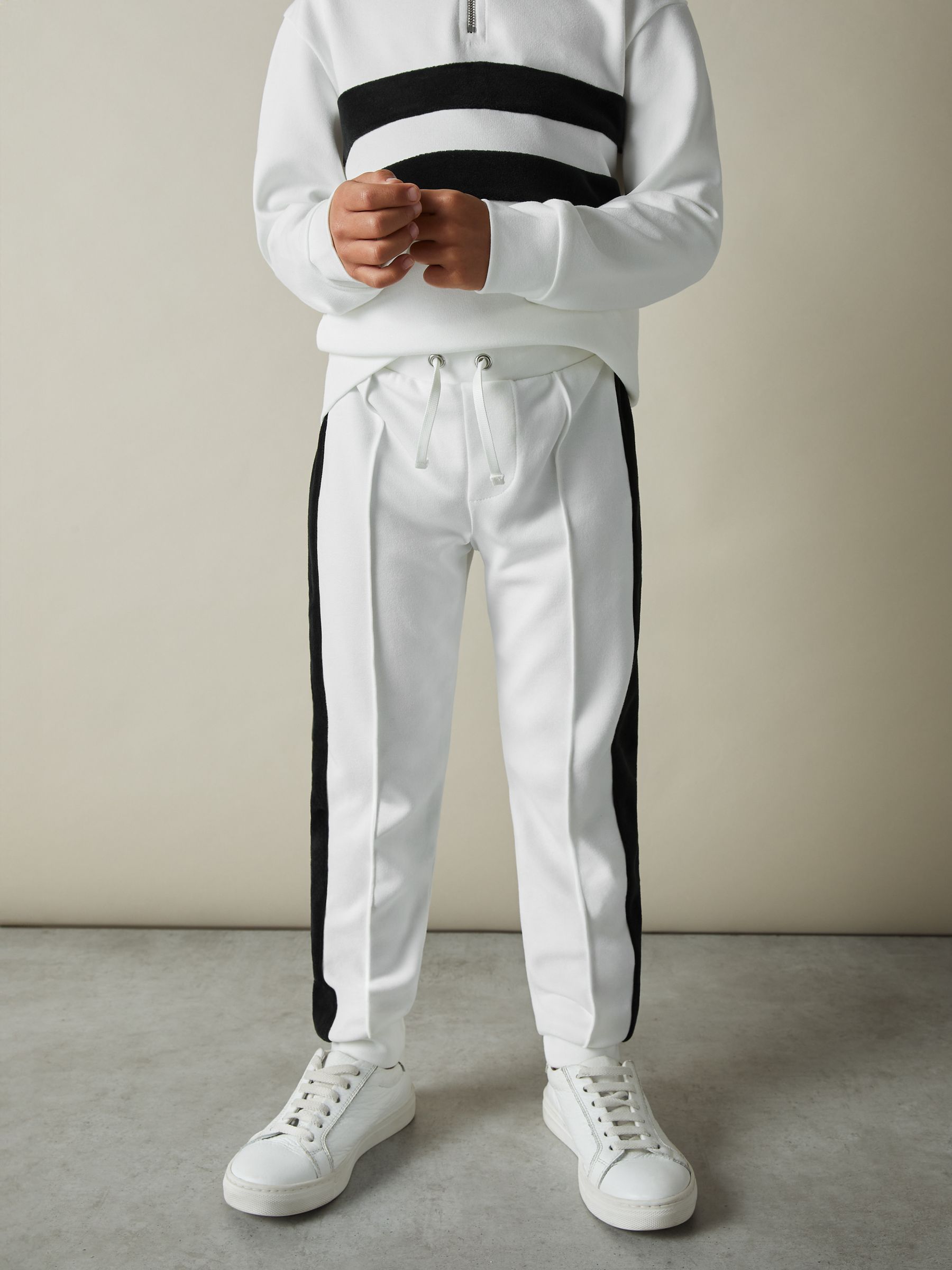 9-13 yrs Interlock Velour-Stripe Joggers in White/Emerald Green