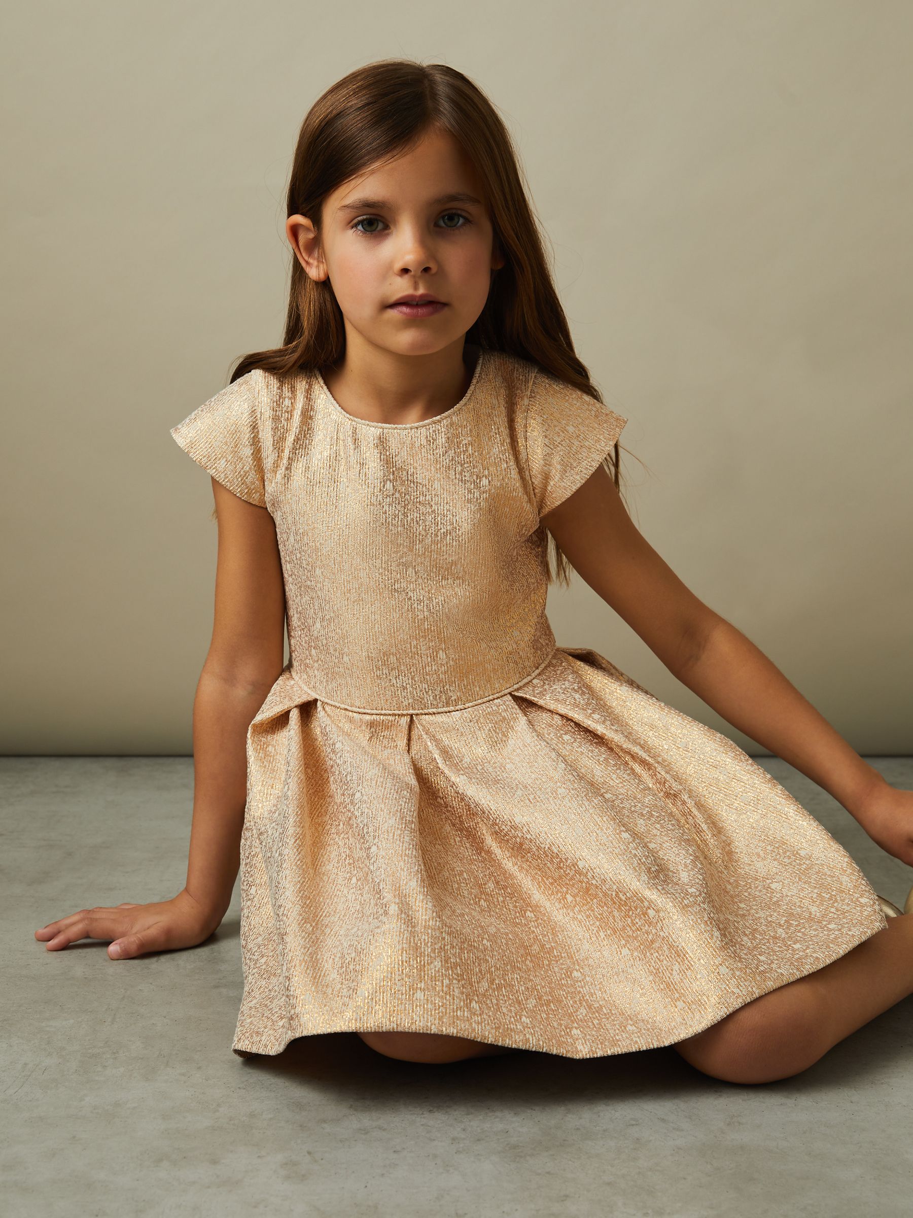 9-13 yrs Metallic Pleated Cap Sleeve Dress in Gold