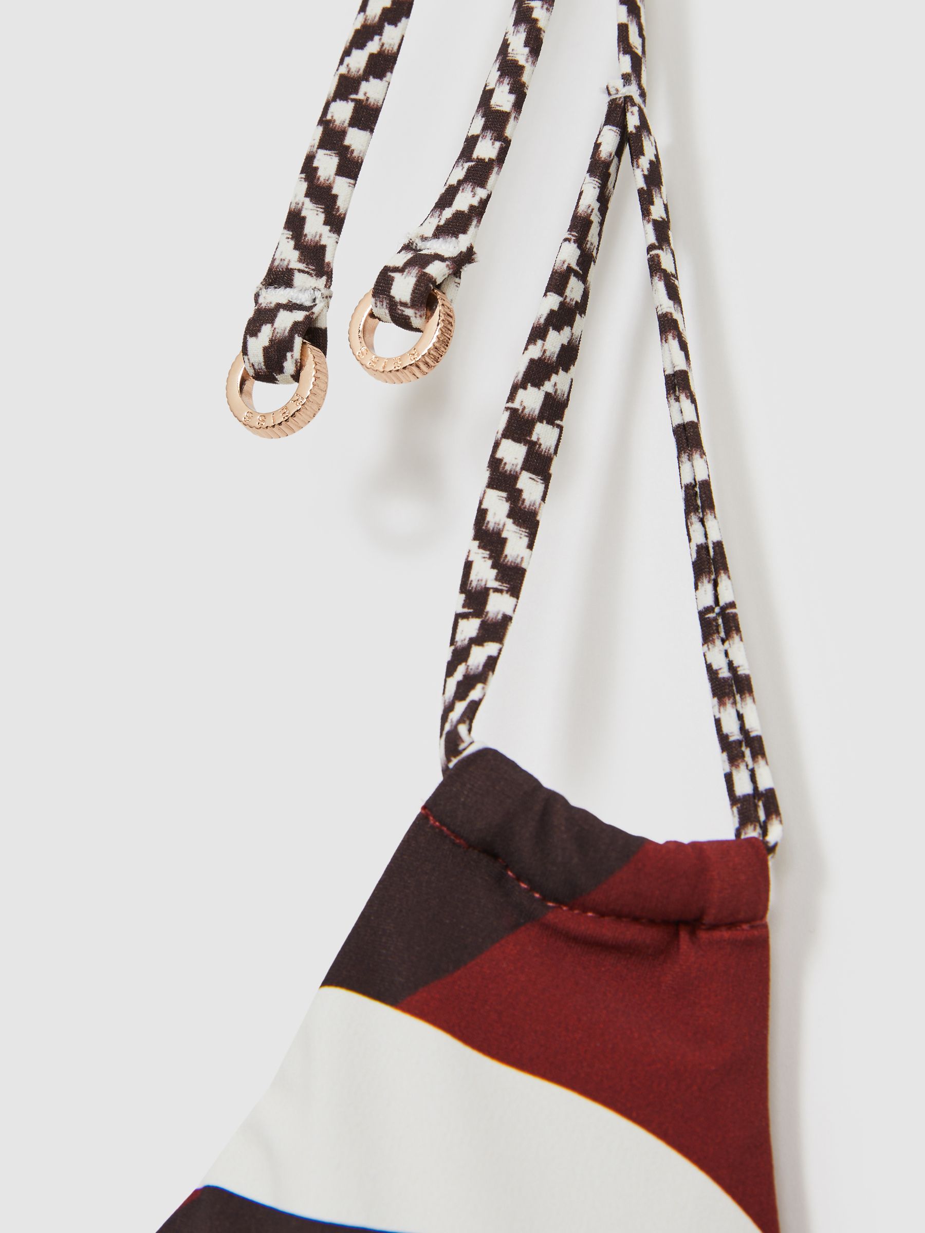 Chequered-Strap Triangle Bikini Top in Brown/Burgundy