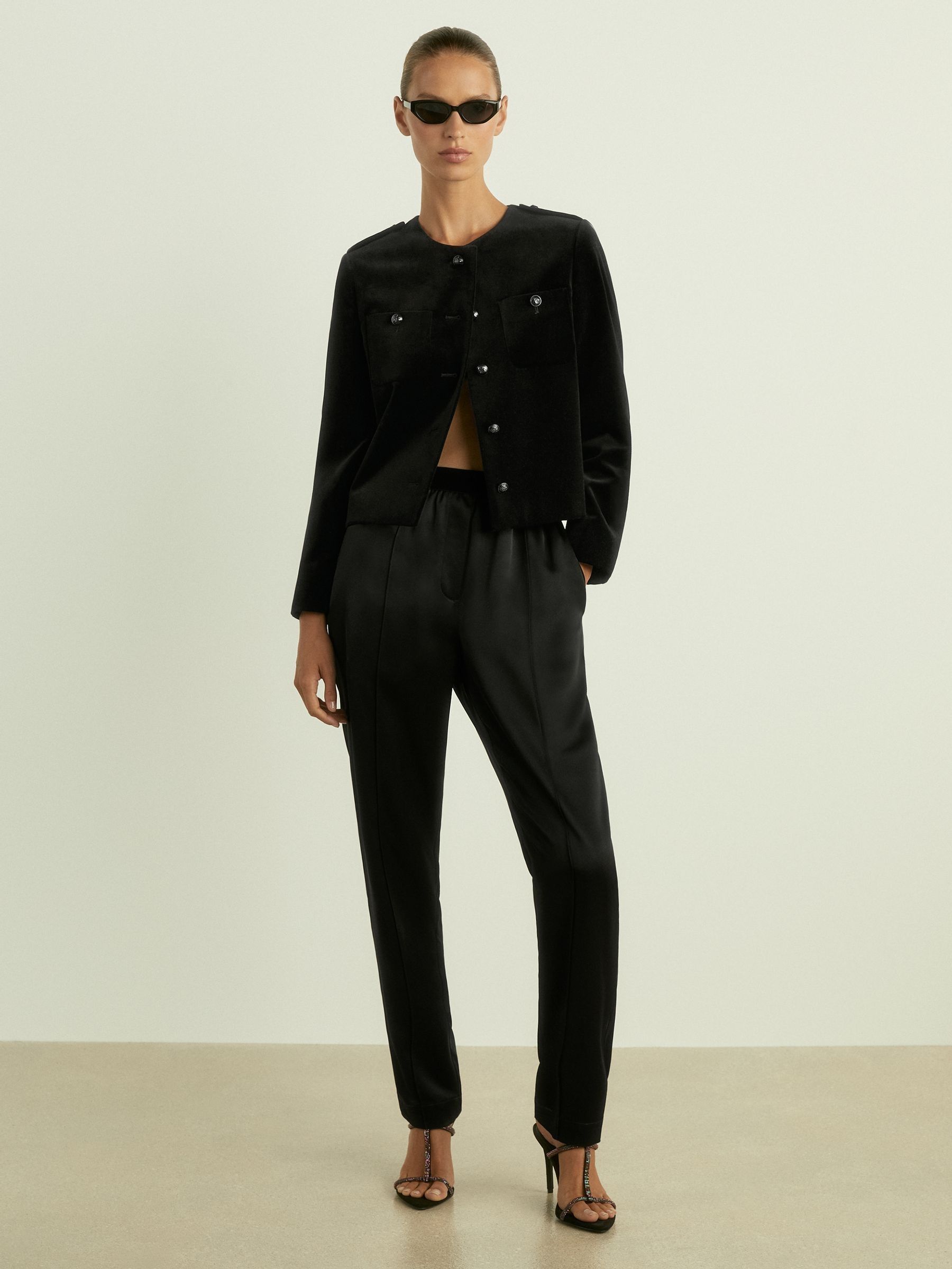 Petite Cropped Velvet Jacket in Black