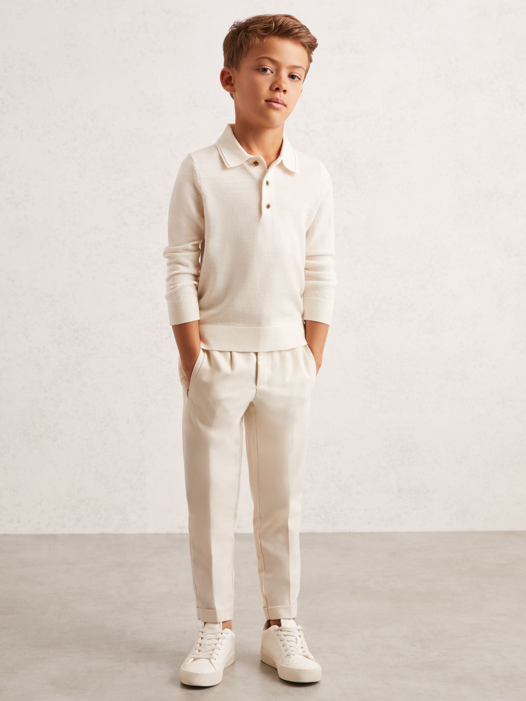 4-9 yrs Merino Wool Long-Sleeve Polo Shirt in Snow