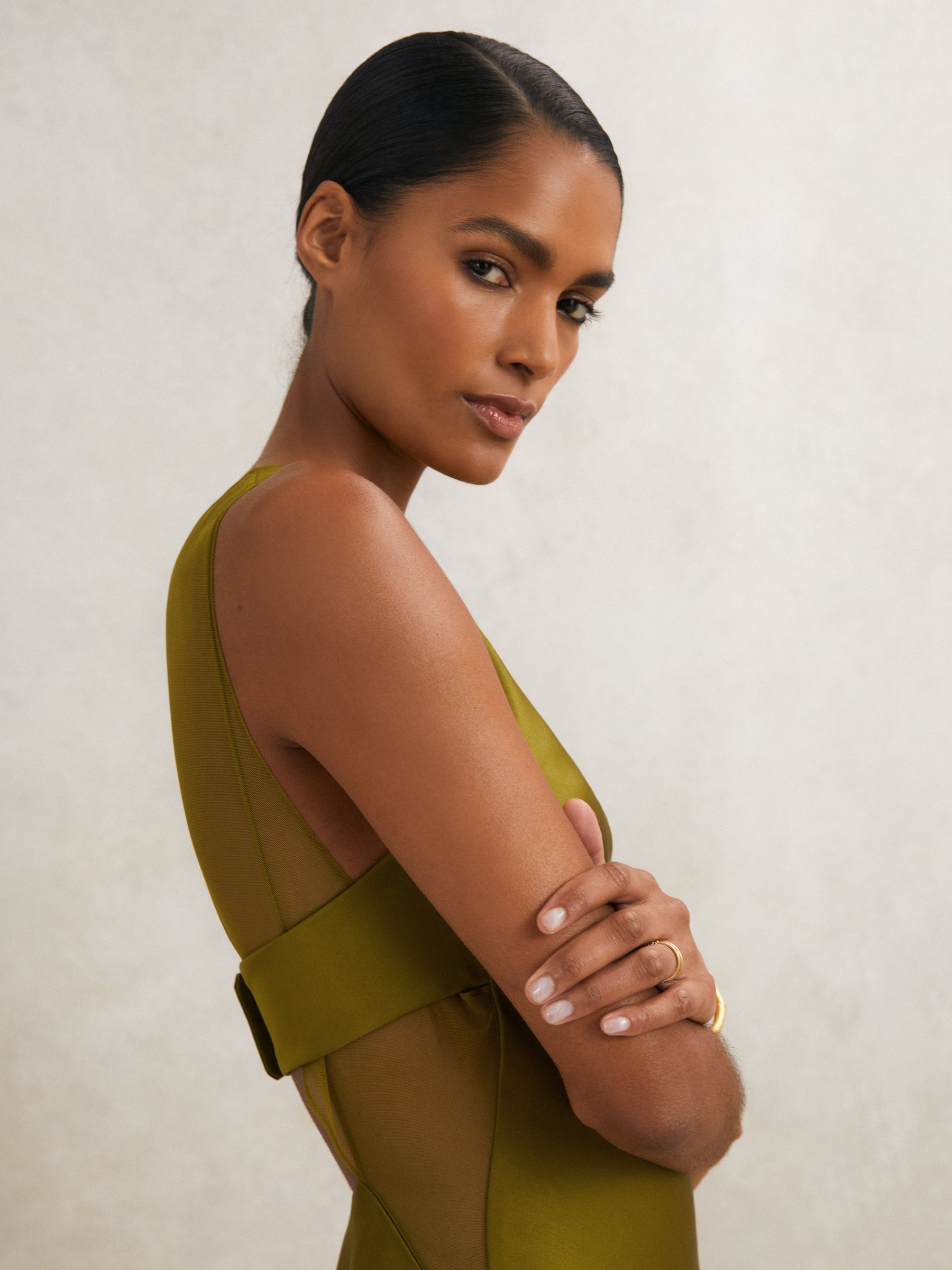 Atelier Satin Sheer-Panel Maxi Dress in Green