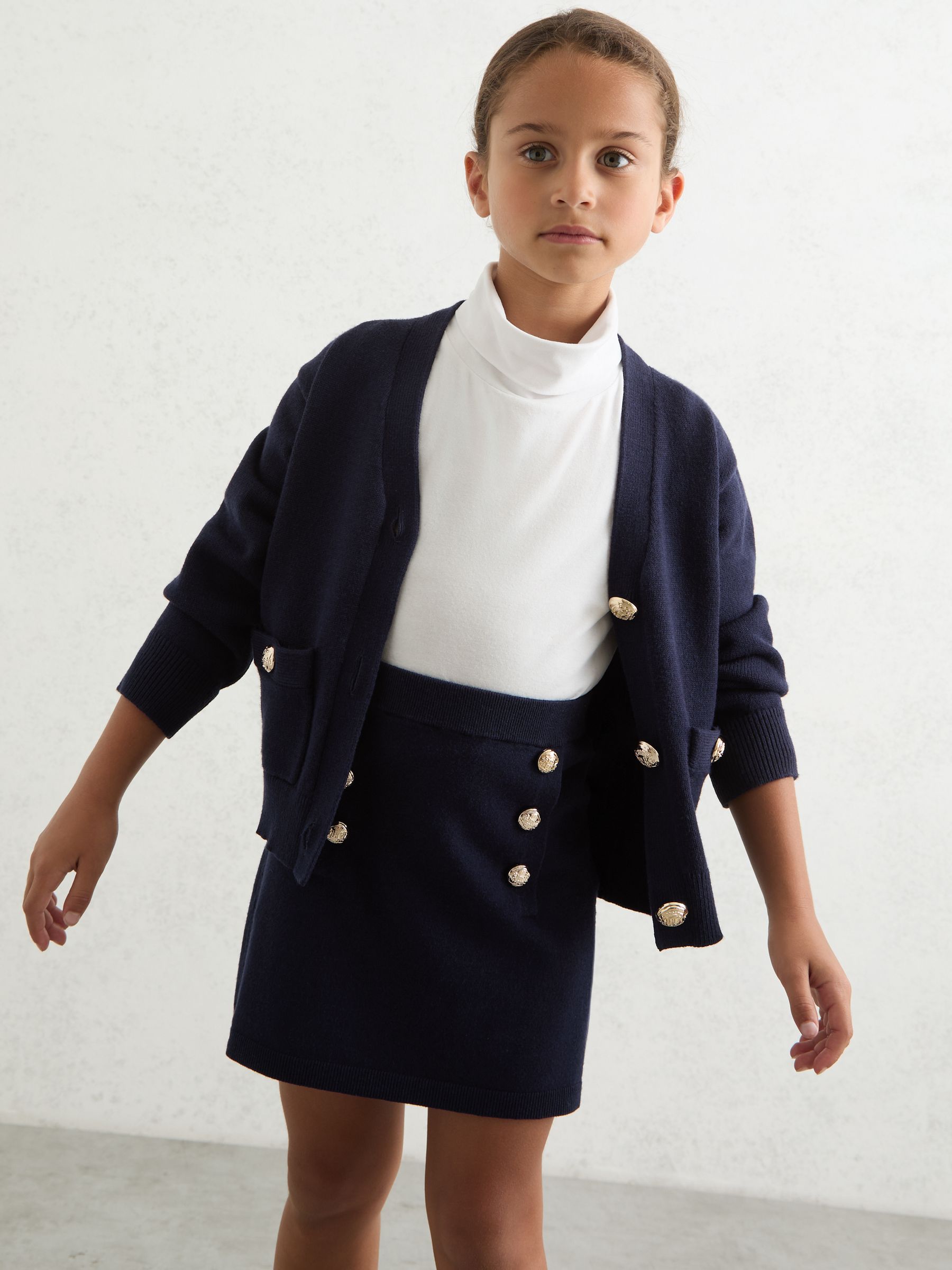 13-14 yrs Knitted Button-Detail A-Line Skirt in Navy