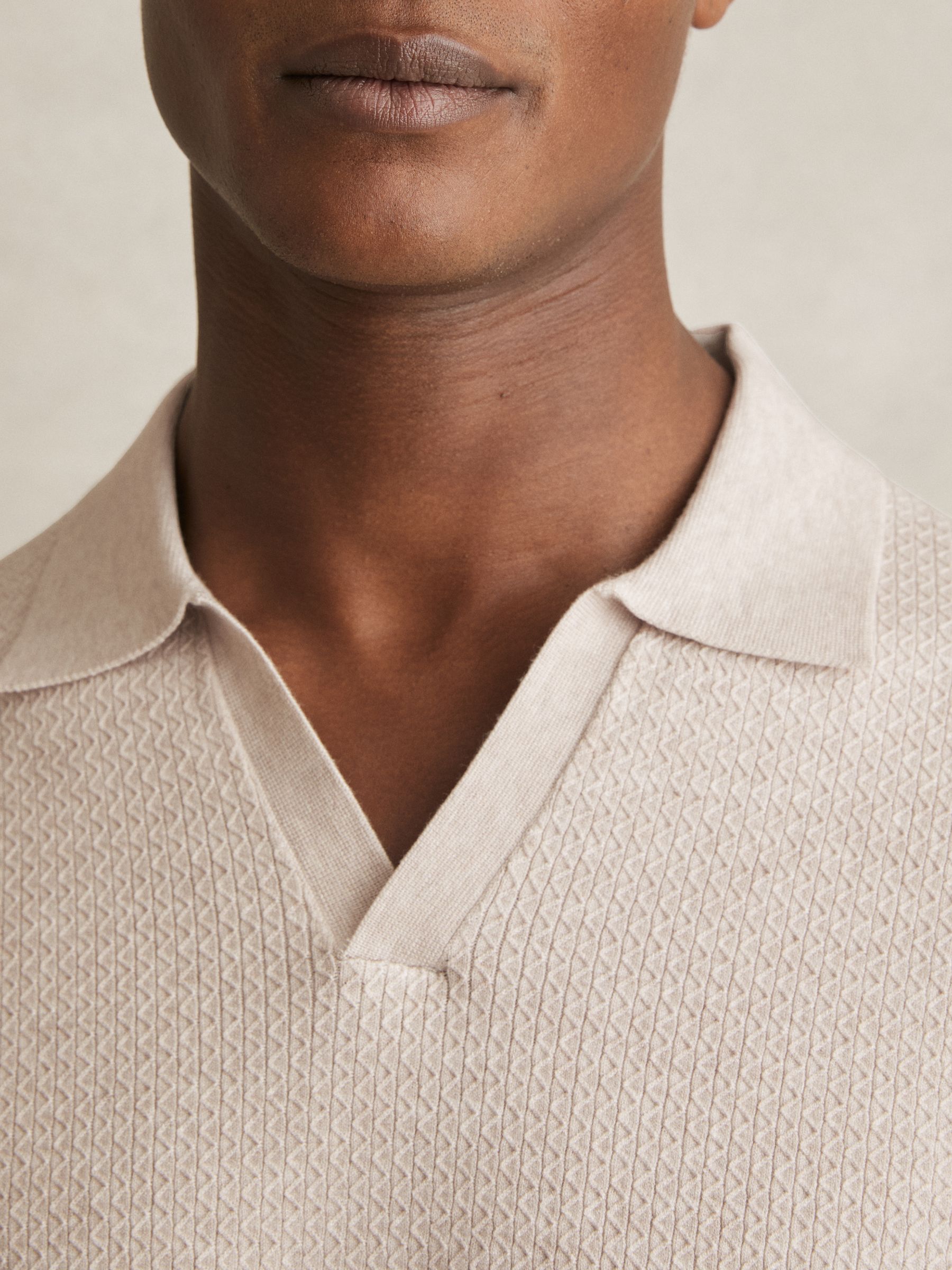 Open-Collar Knit Polo Shirt in Oatmeal Melange