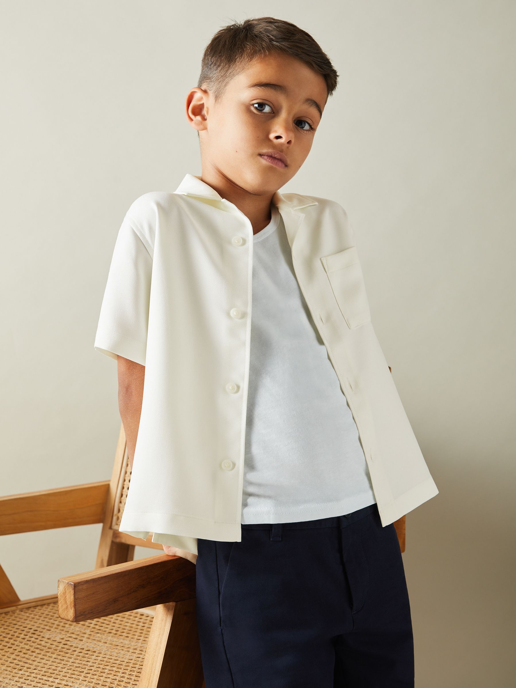 9-13 yrs Twill Cuban Collar Shirt in Off White