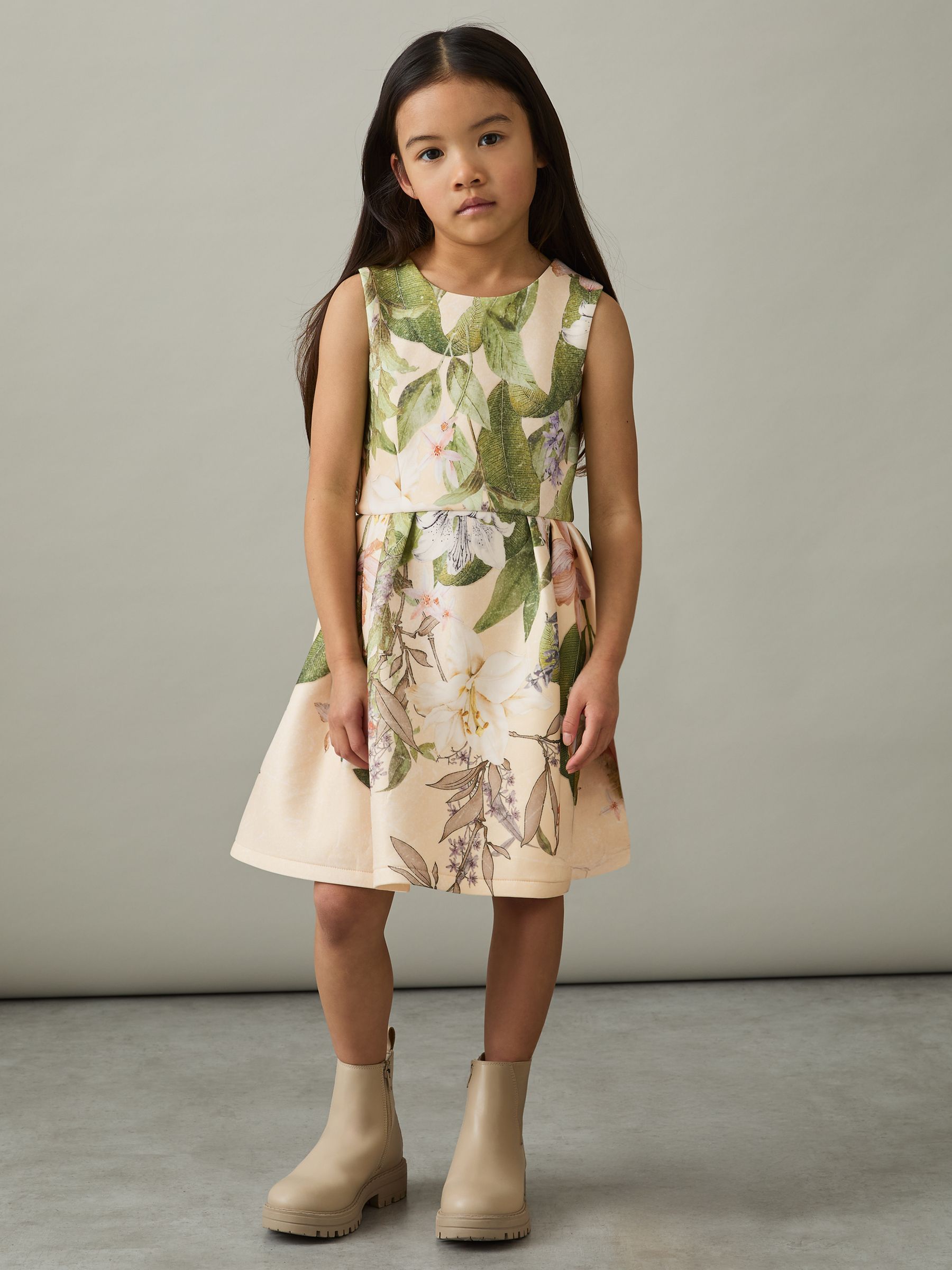 4-9 yrs Floral Scuba Sleeveless Dress in Pink Print