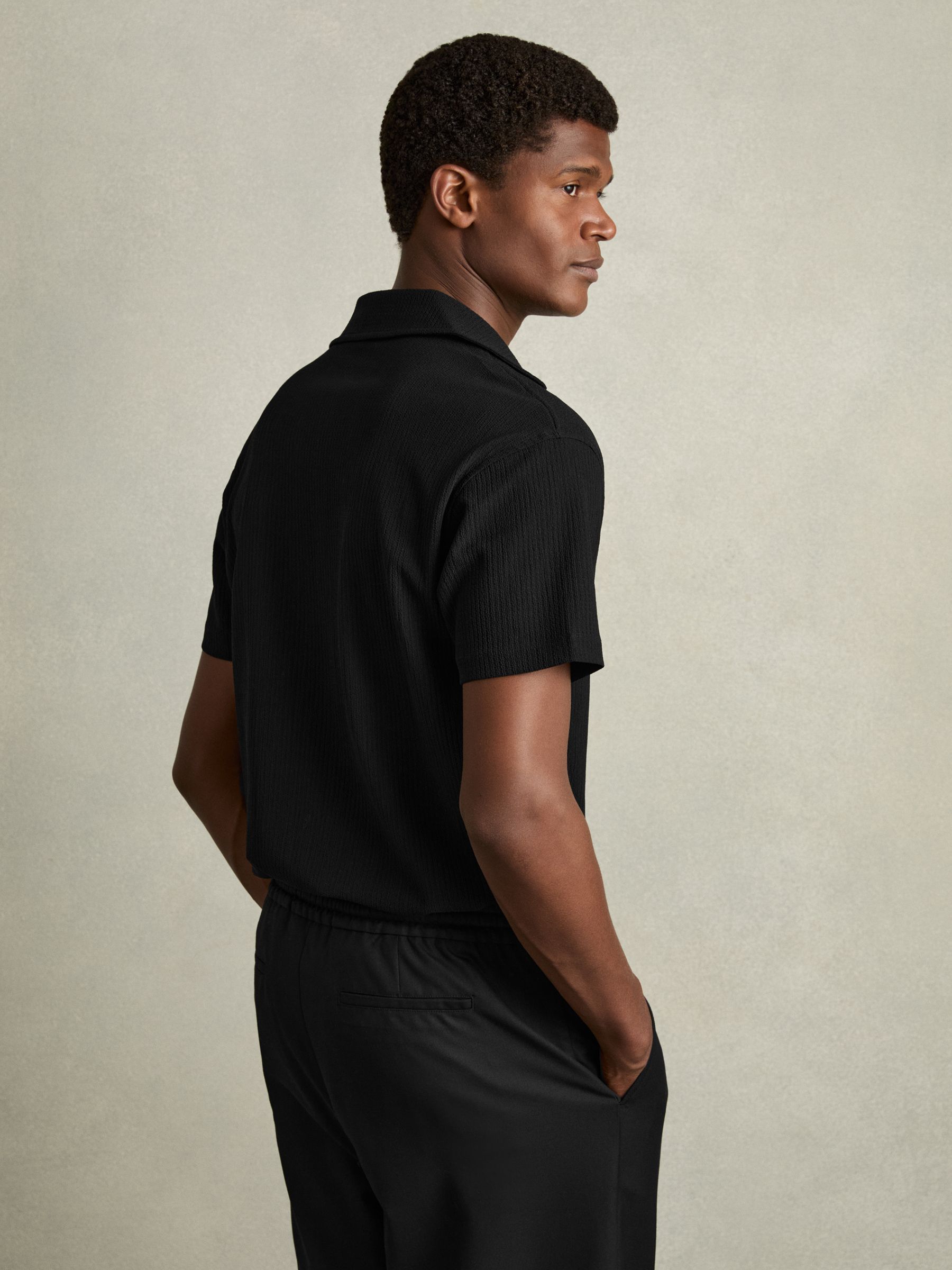 Textured Crepe Cuban Collar Shirt in Black