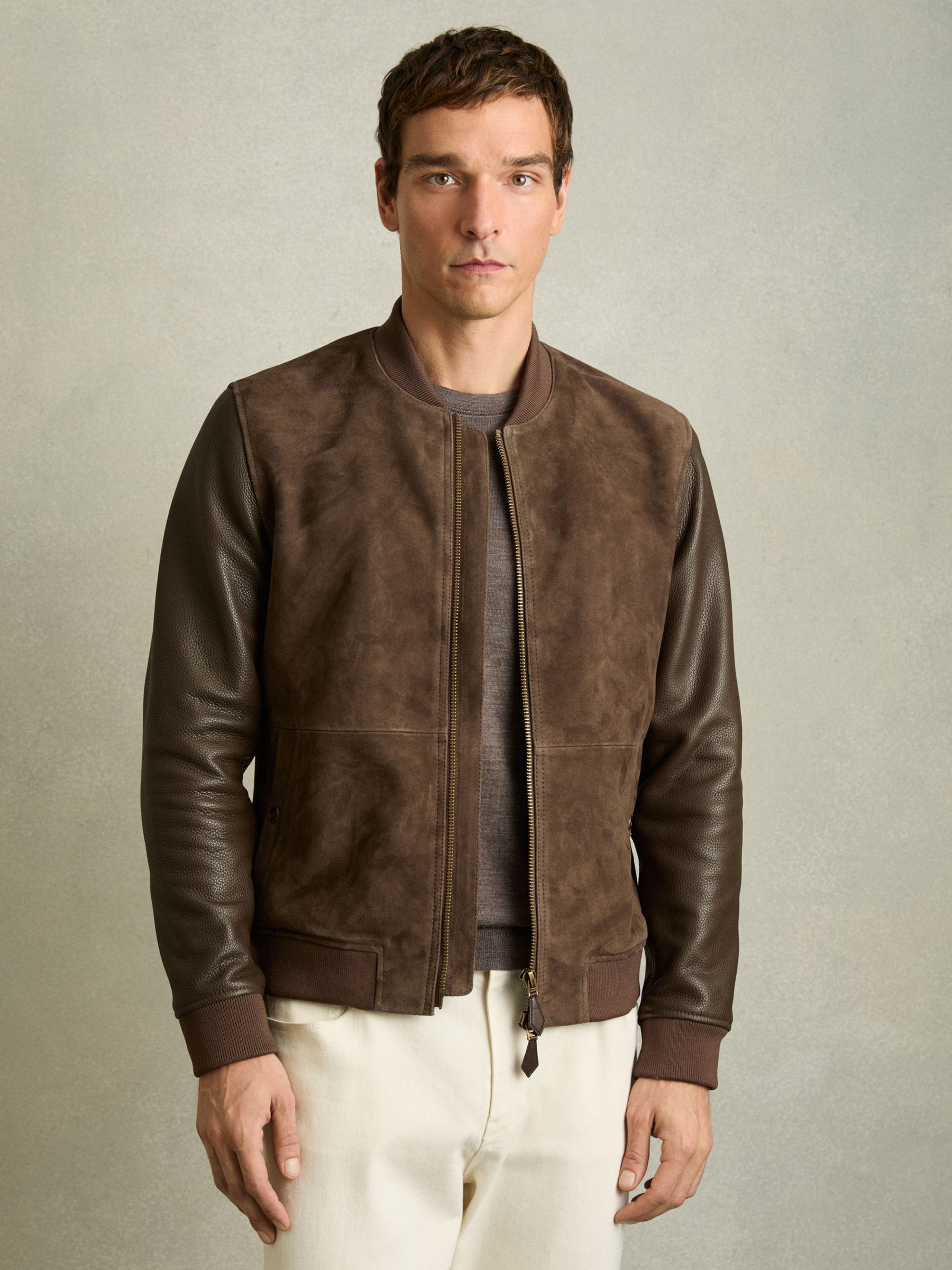 Leather-Sleeve Suede Bomber Jacket in Chocolate Brown