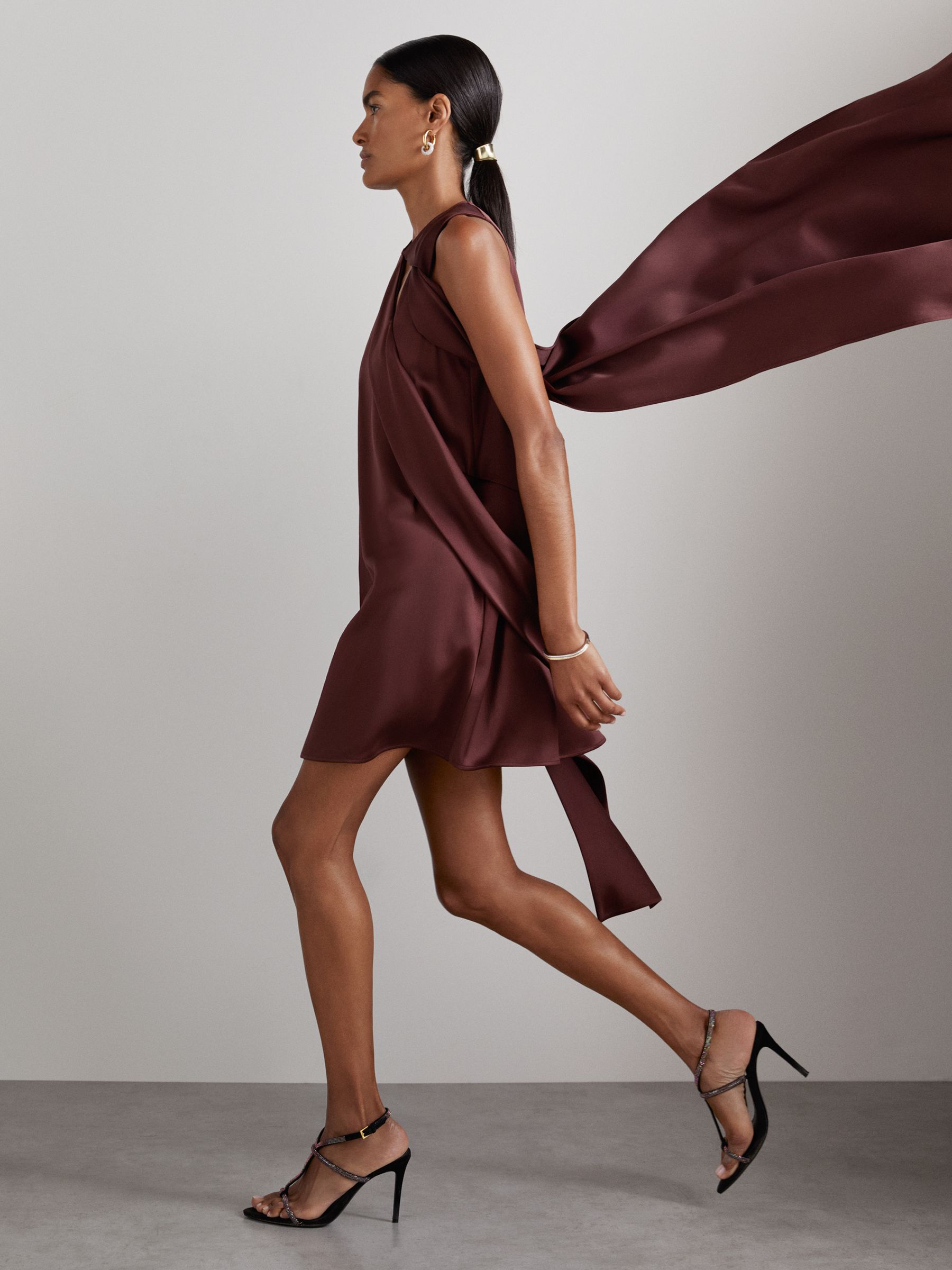 Atelier Satin Draped-Sash Mini Dress in Burgundy