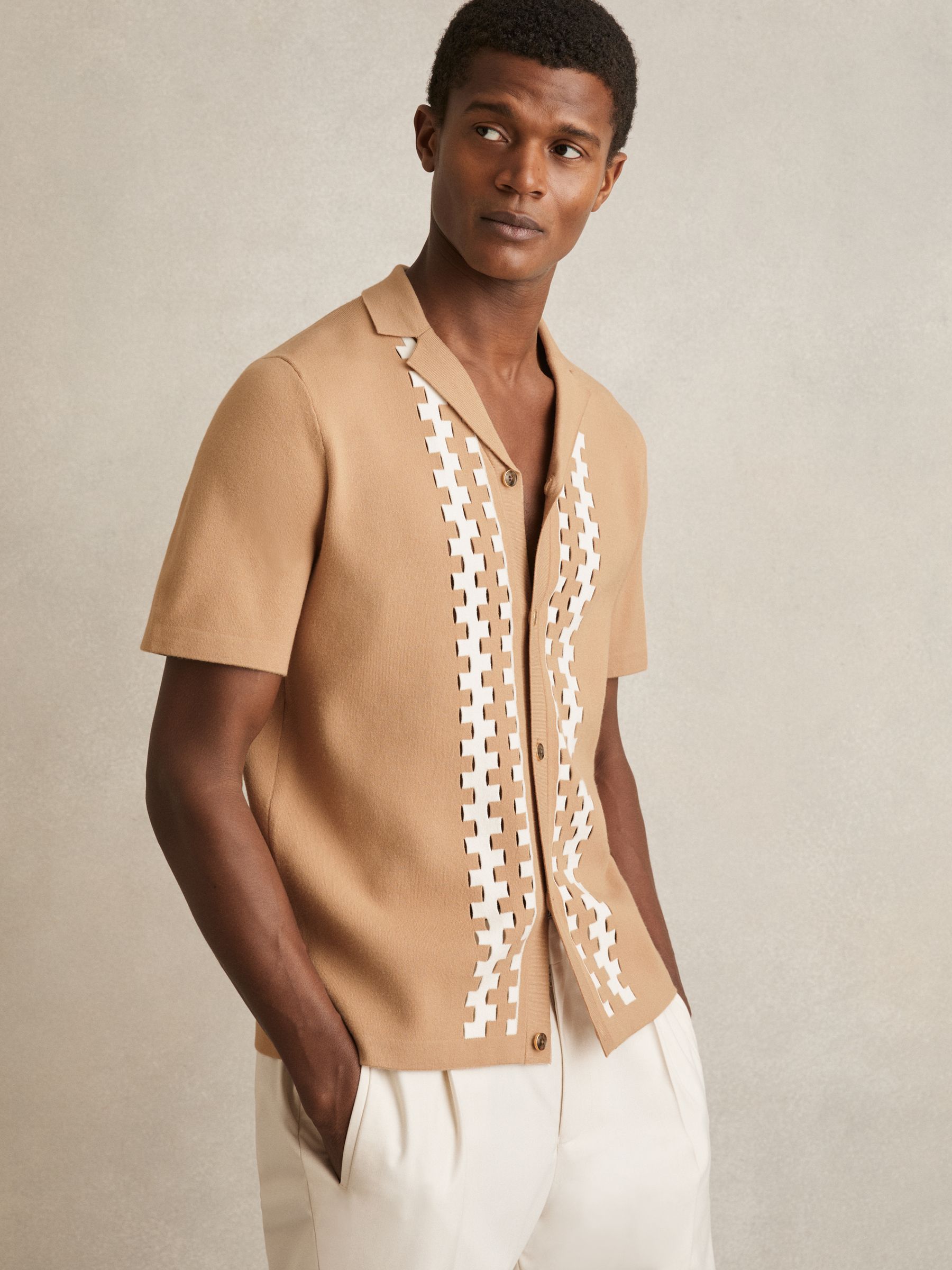 Geometric Cuban-Collar Knit Shirt in Camel/Off White