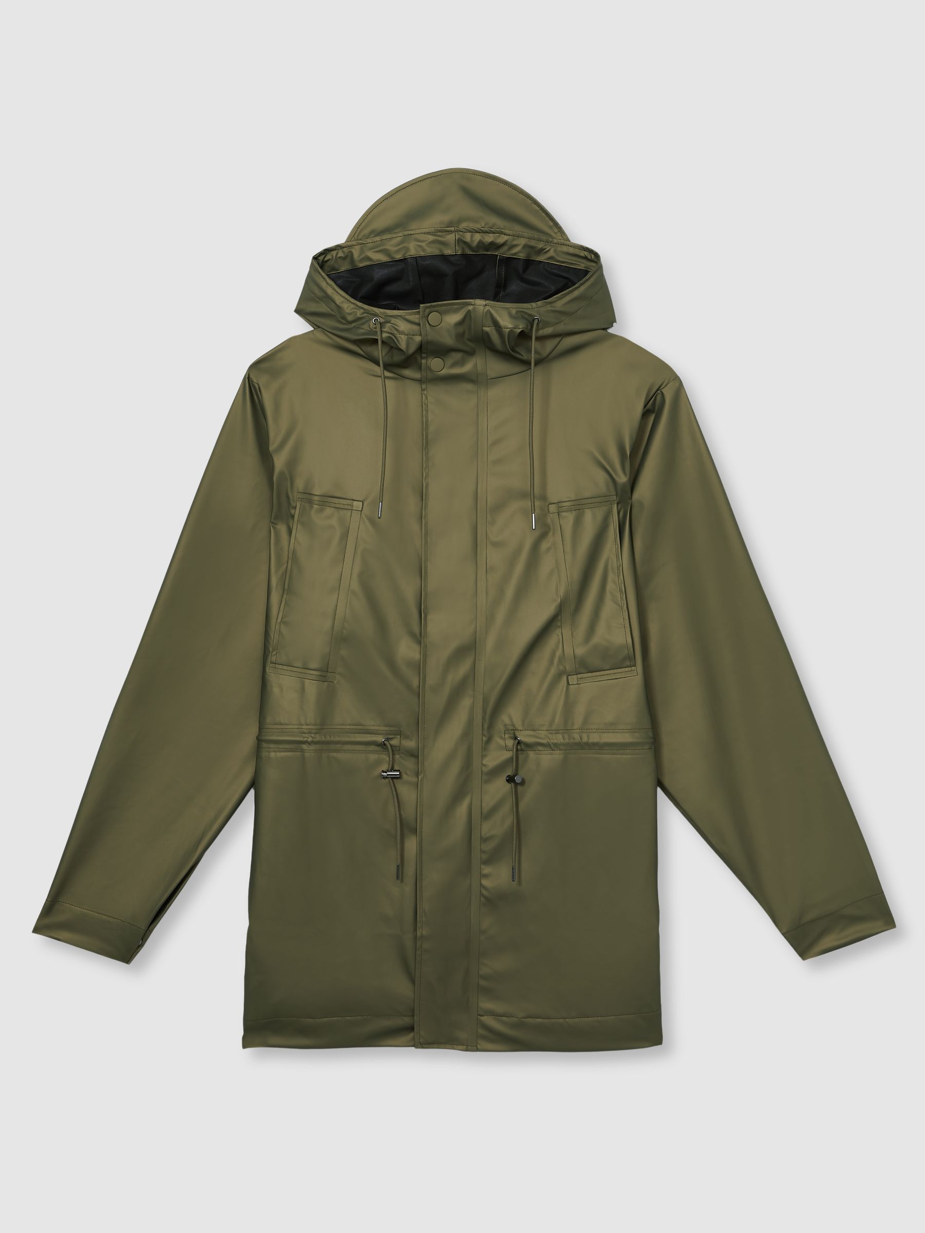 Rains Long Hooded Jacket in Revel Brass Green