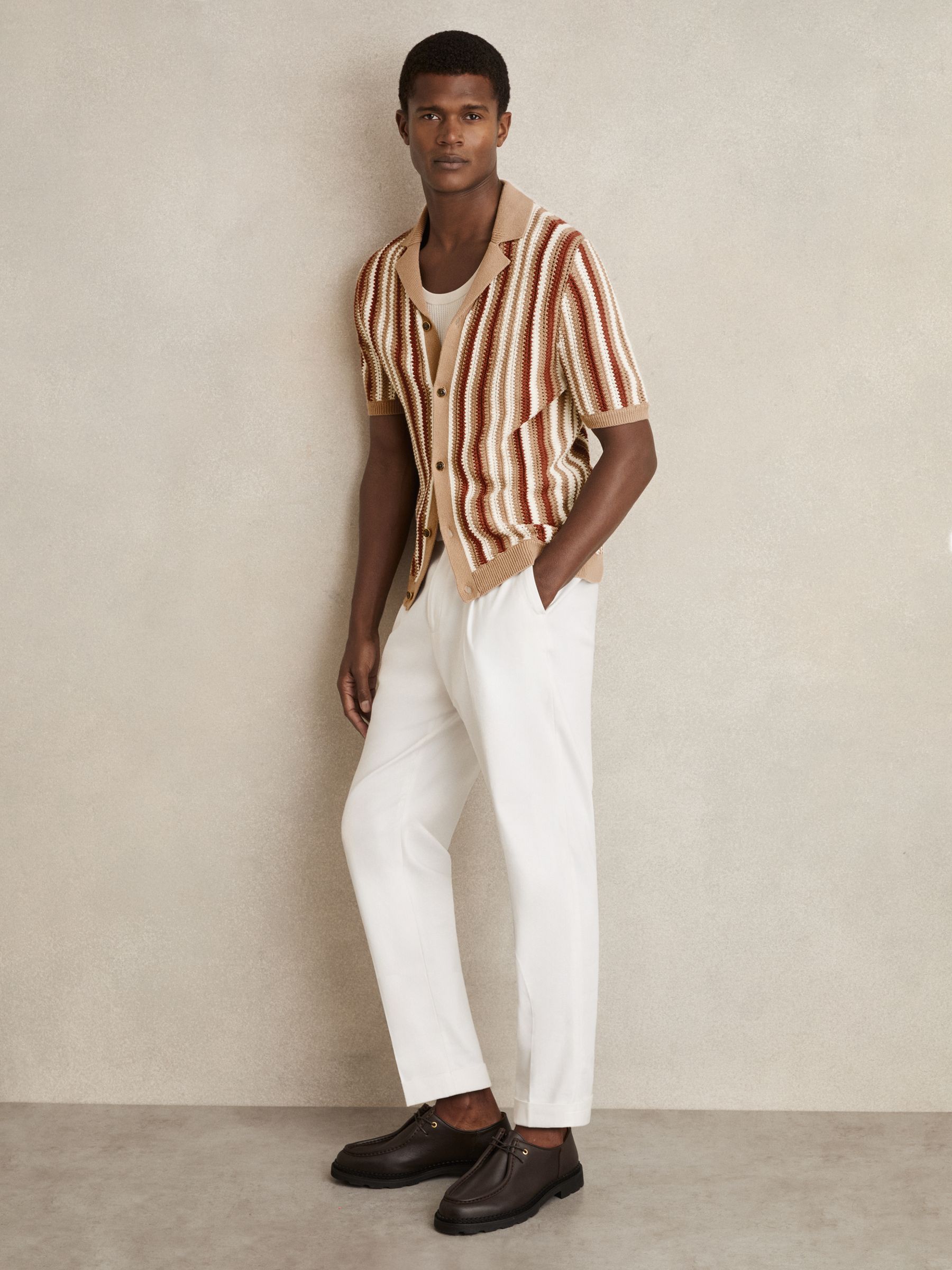 Cotton Crochet Stripe Cuban Shirt in Camel Multi