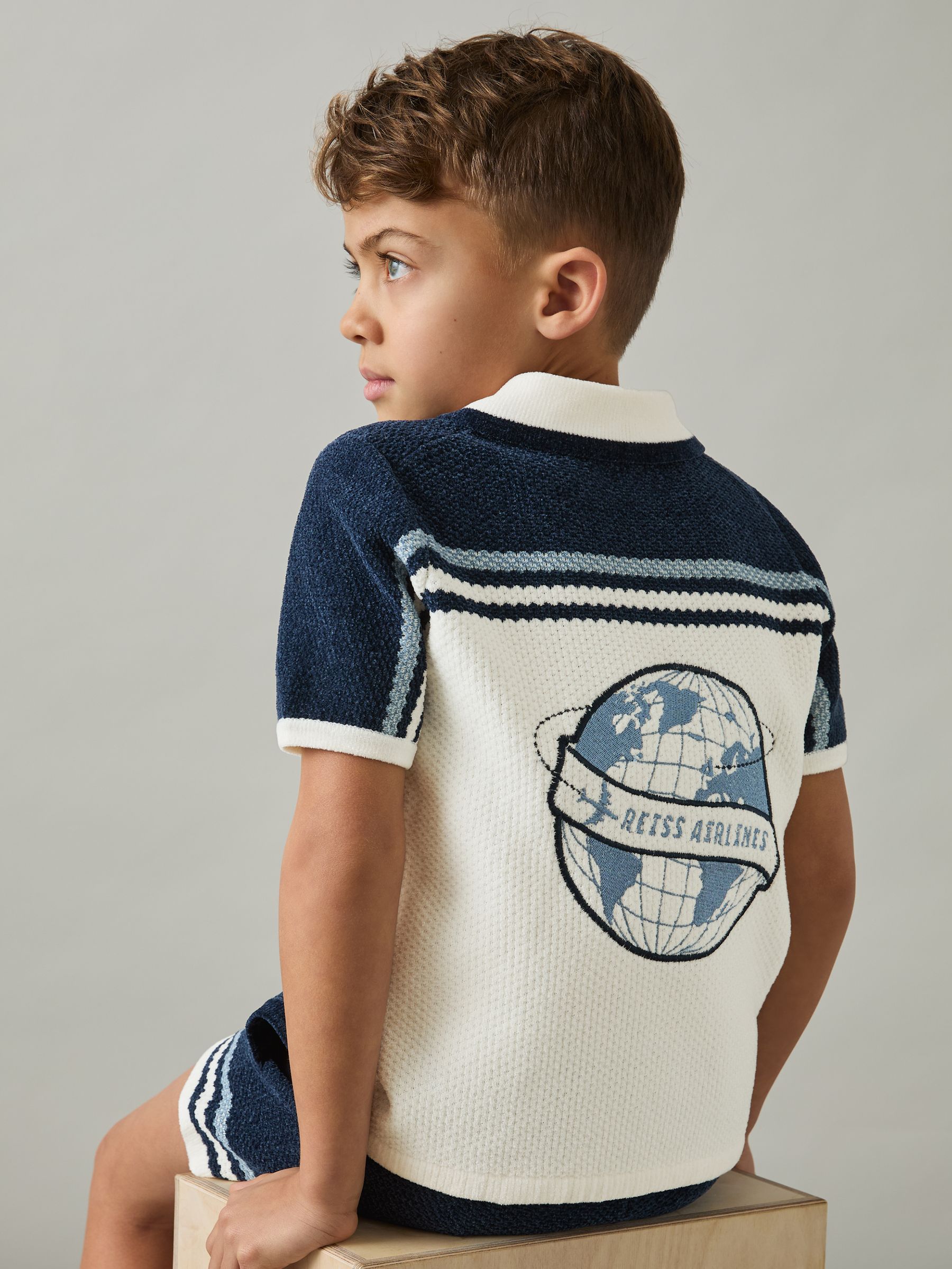 9-13 yrs Chenille Airlines Embroidery Shirt in Navy/Airforce Blue/White