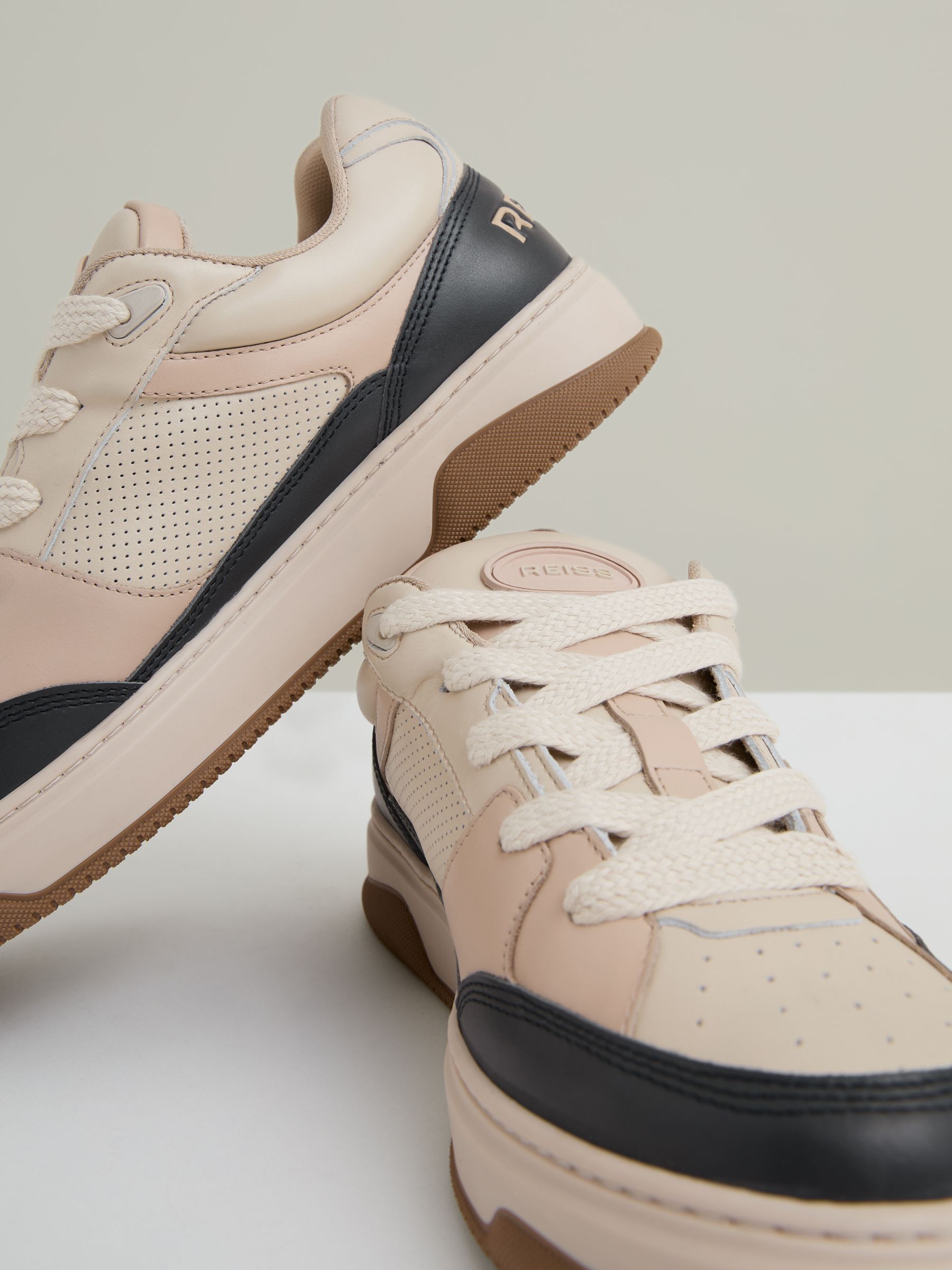 Panelled Leather Trainers in Ecru/Charcoal