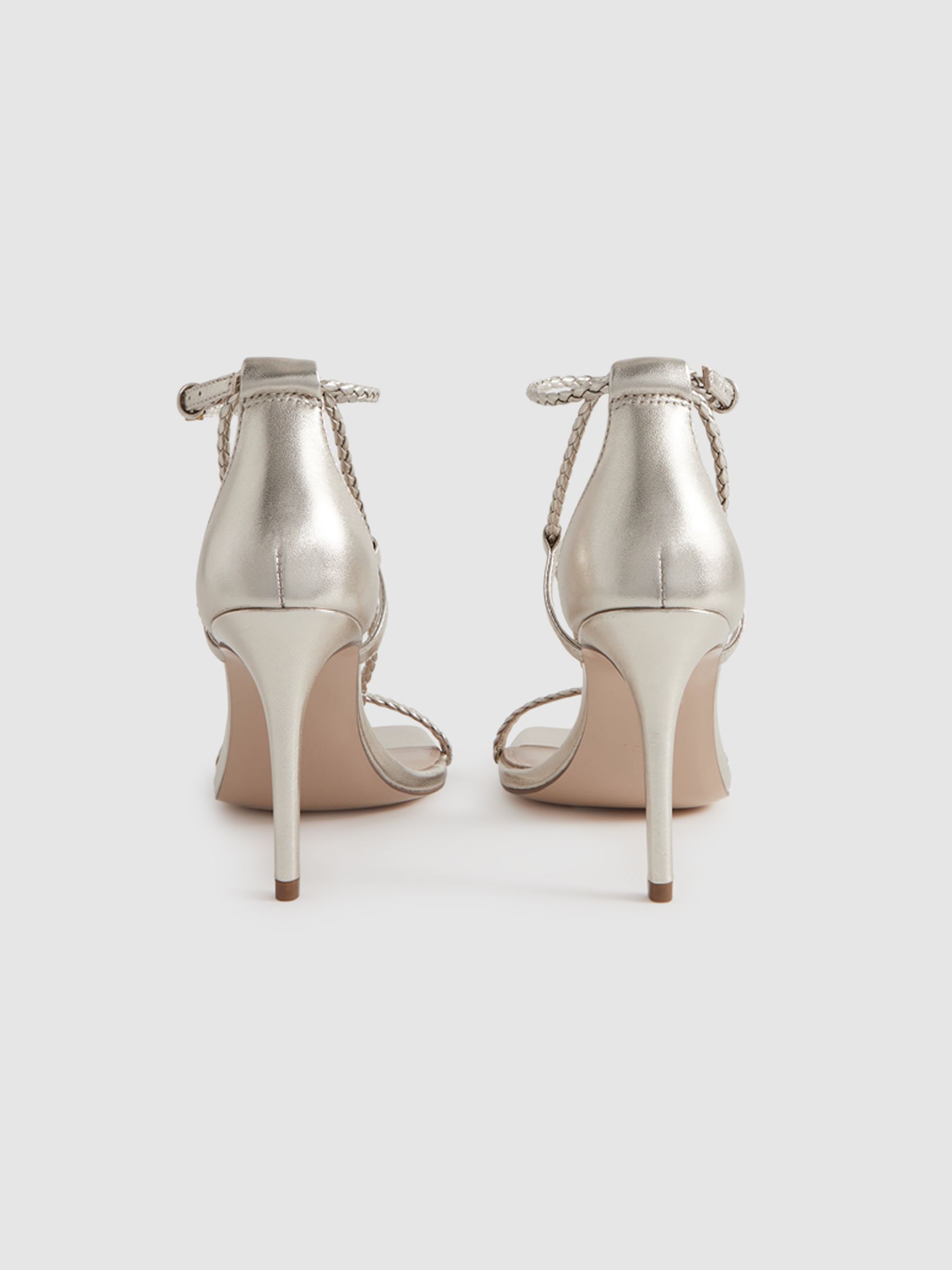 Leather Plaited Strappy Heeled Sandals in Gold