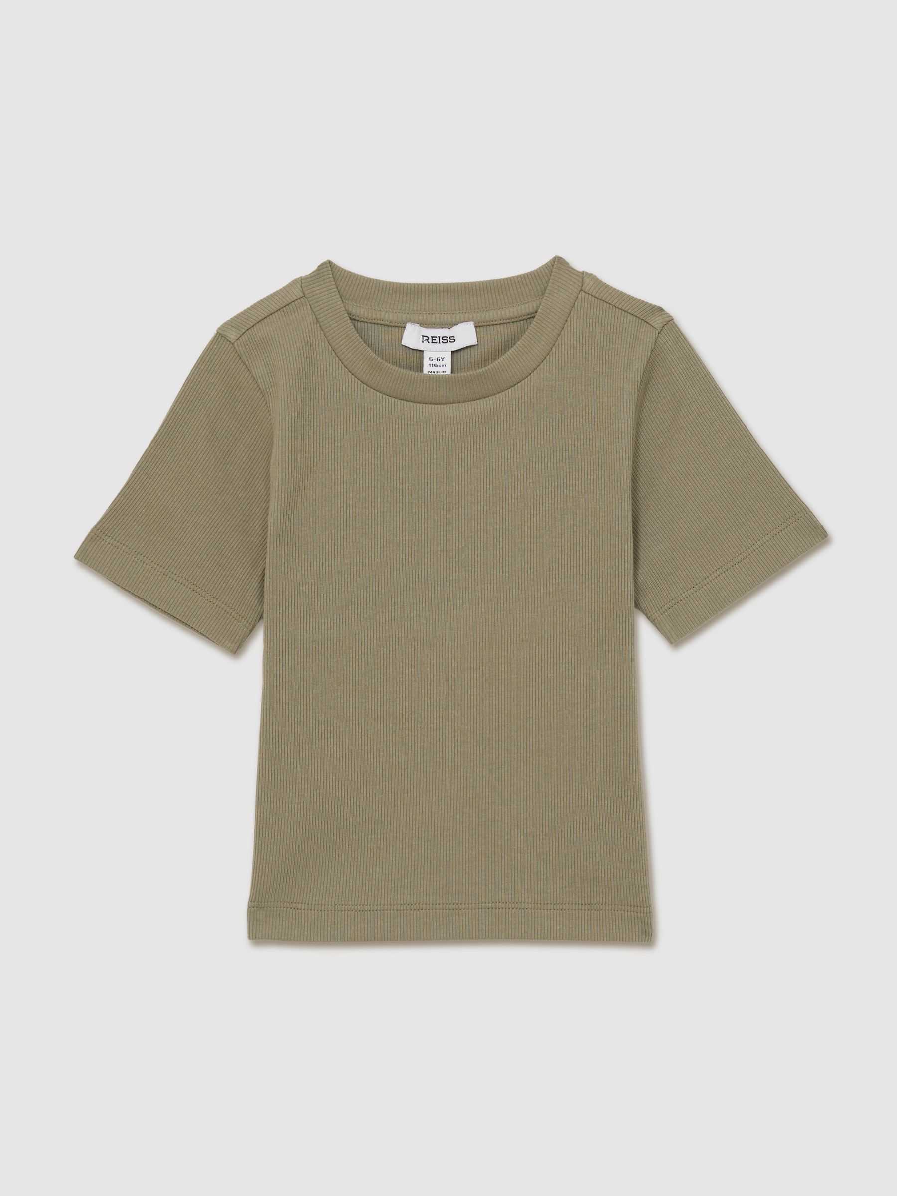 4-9 yrs Cotton-Jersey Ribbed Short-Sleeve T-Shirt in Khaki