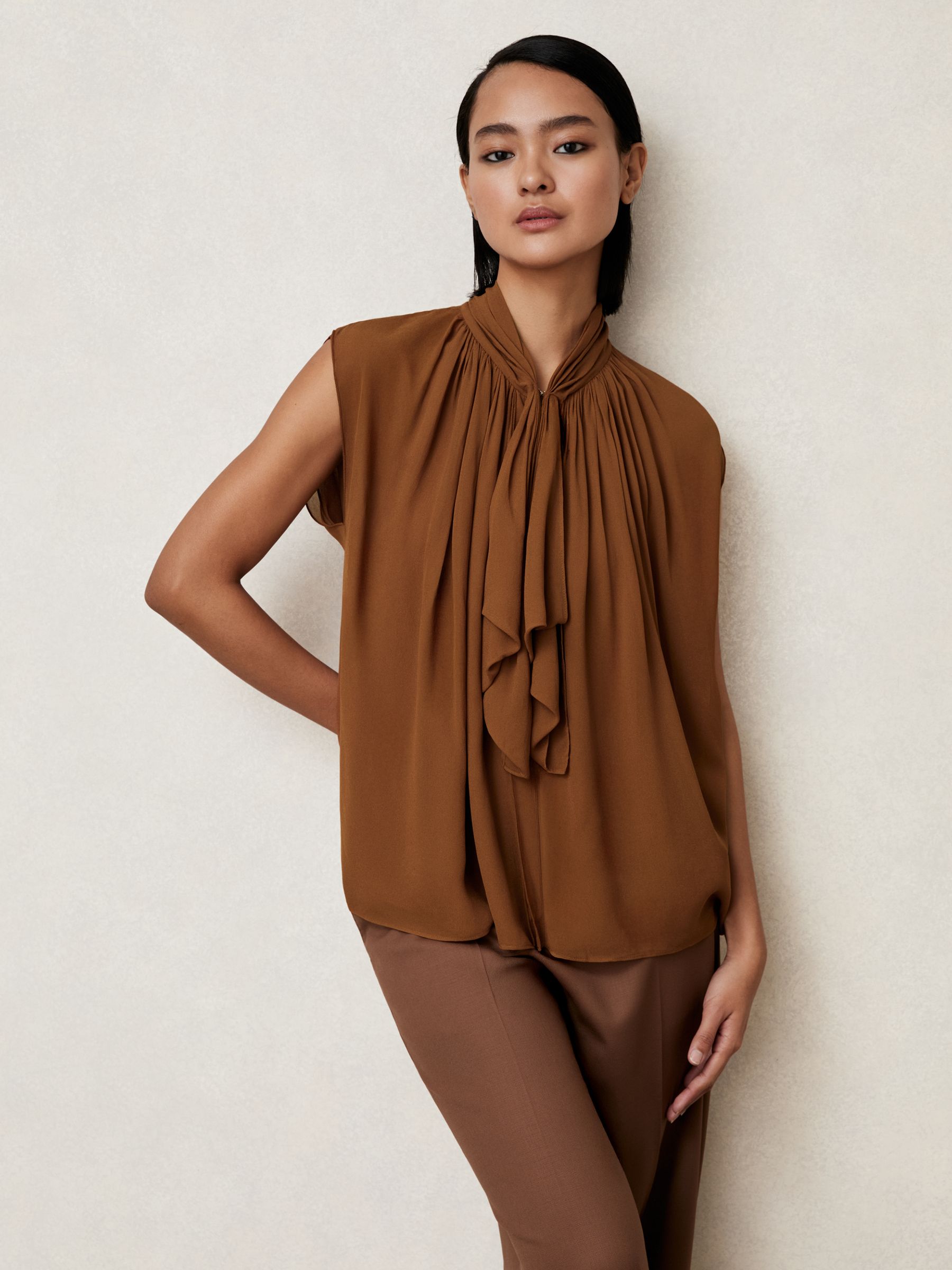 Crepe-Chiffon Ruffle Sleeveless Top in Tan Brown