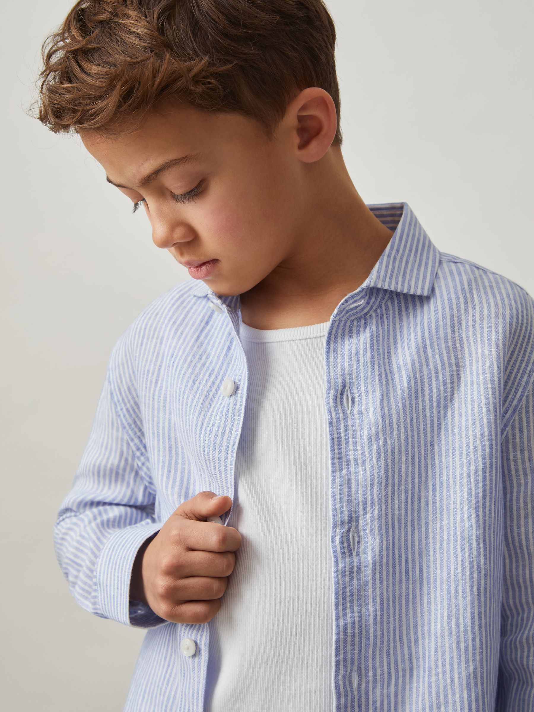 9-13 yrs Linen Cutaway Collar Shirt in Blue/White Stripe