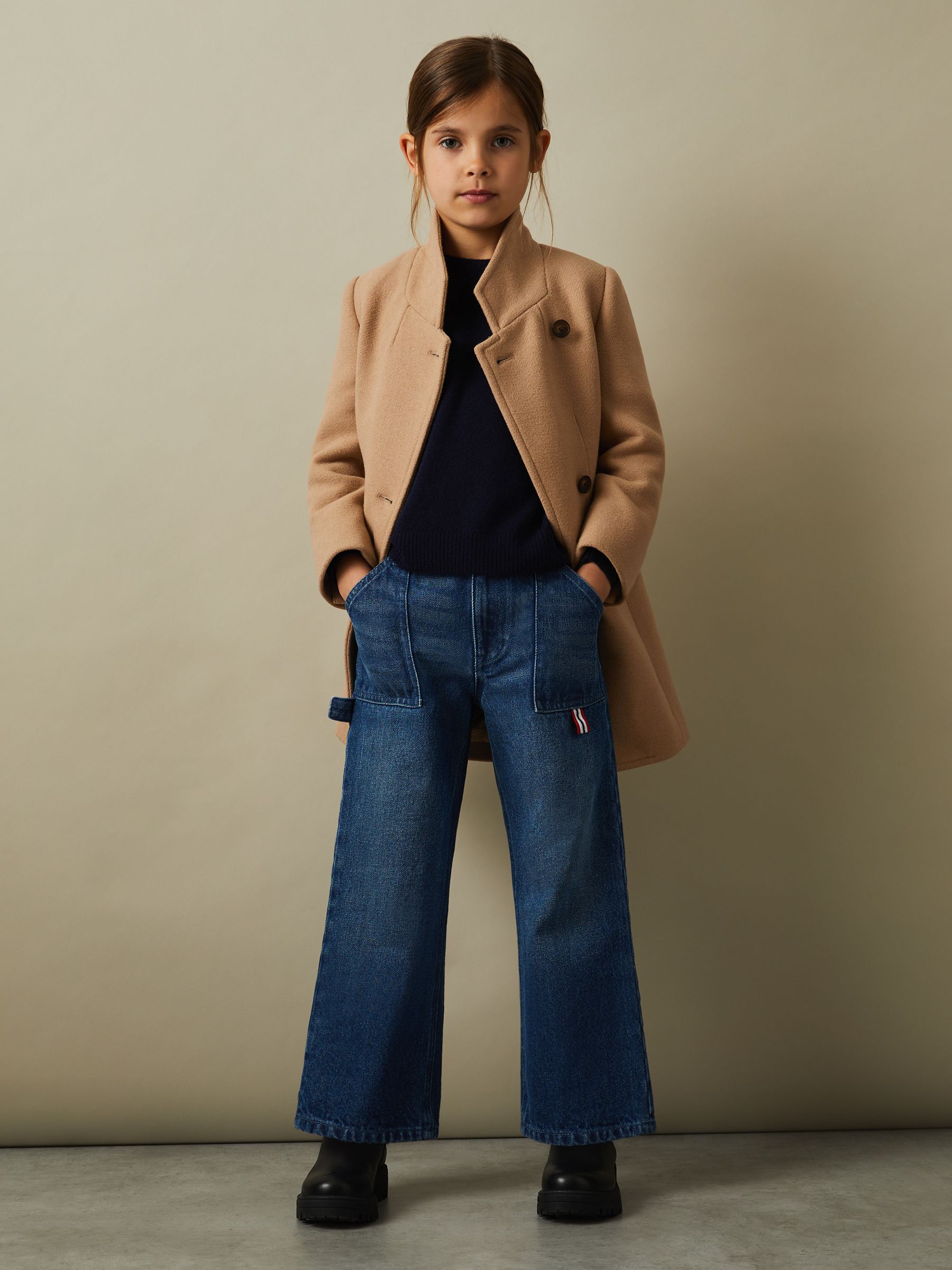 4-9 yrs Mid Length Wool Blend Coat in Camel