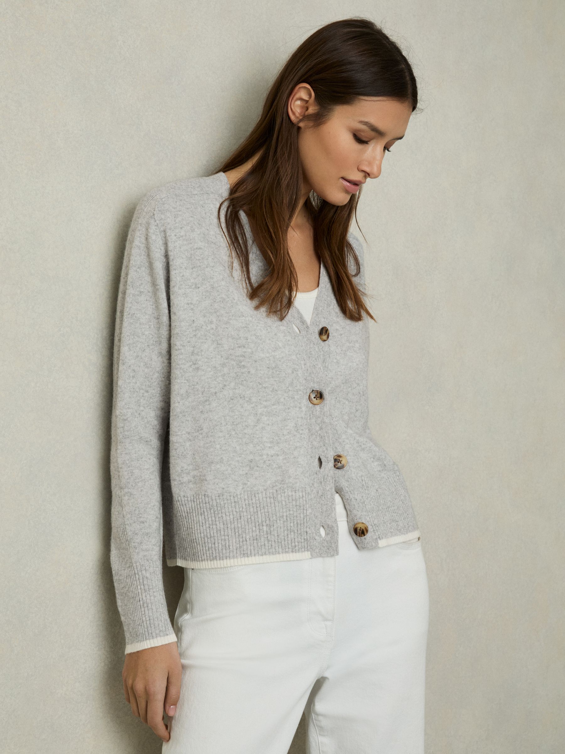 Tipped V-Neck Cardigan With Wool And Cashmere in Grey/Ivory