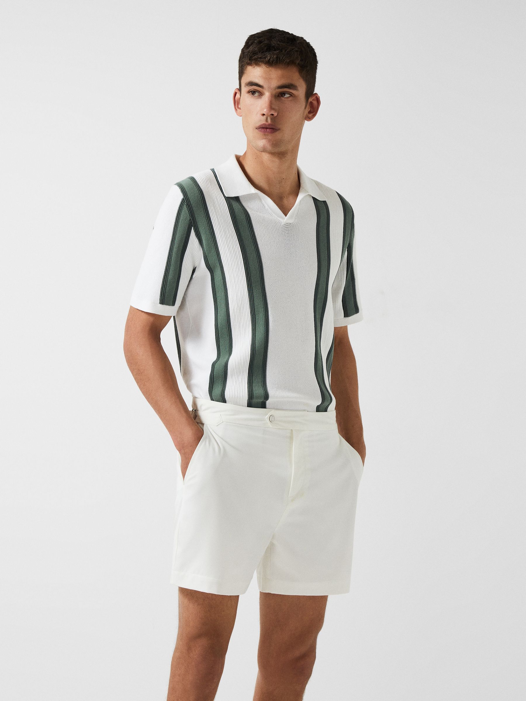 Open Collar Striped Polo T-Shirt in White/Sage