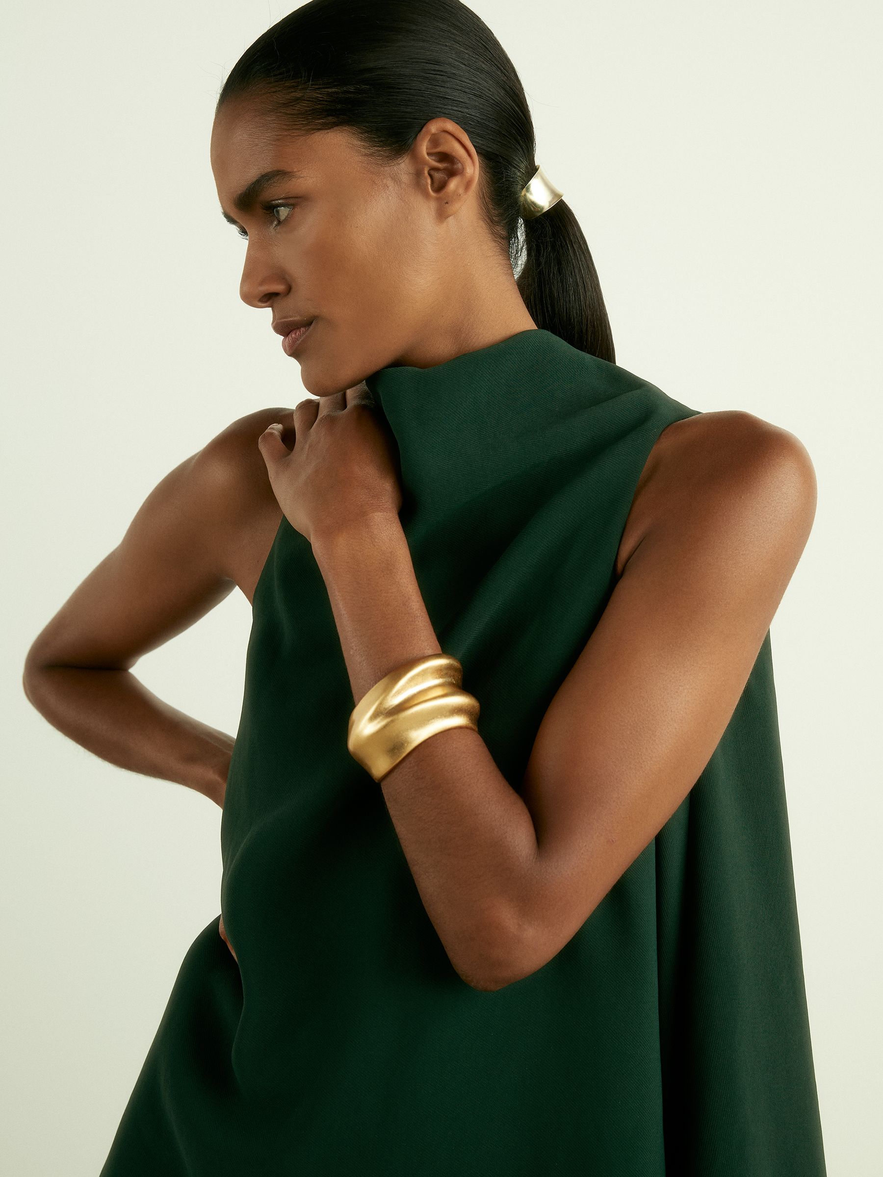 High-Neck Drape Back Mini Dress in Green