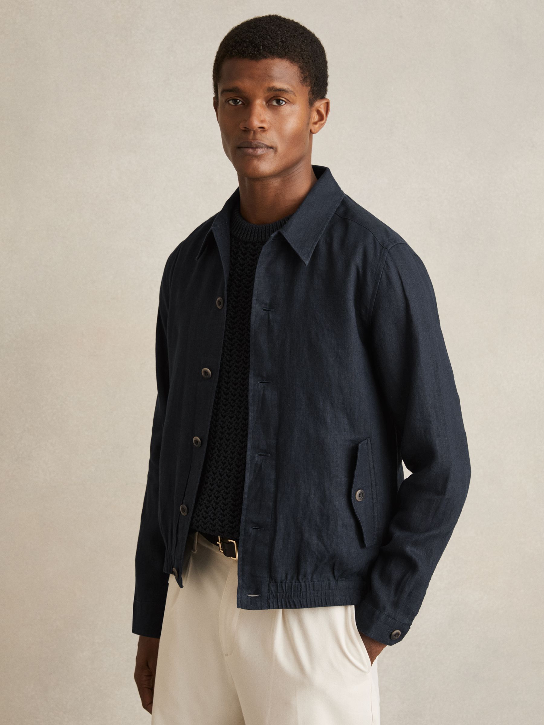 Linen Elasticated Hem Overshirt in Navy