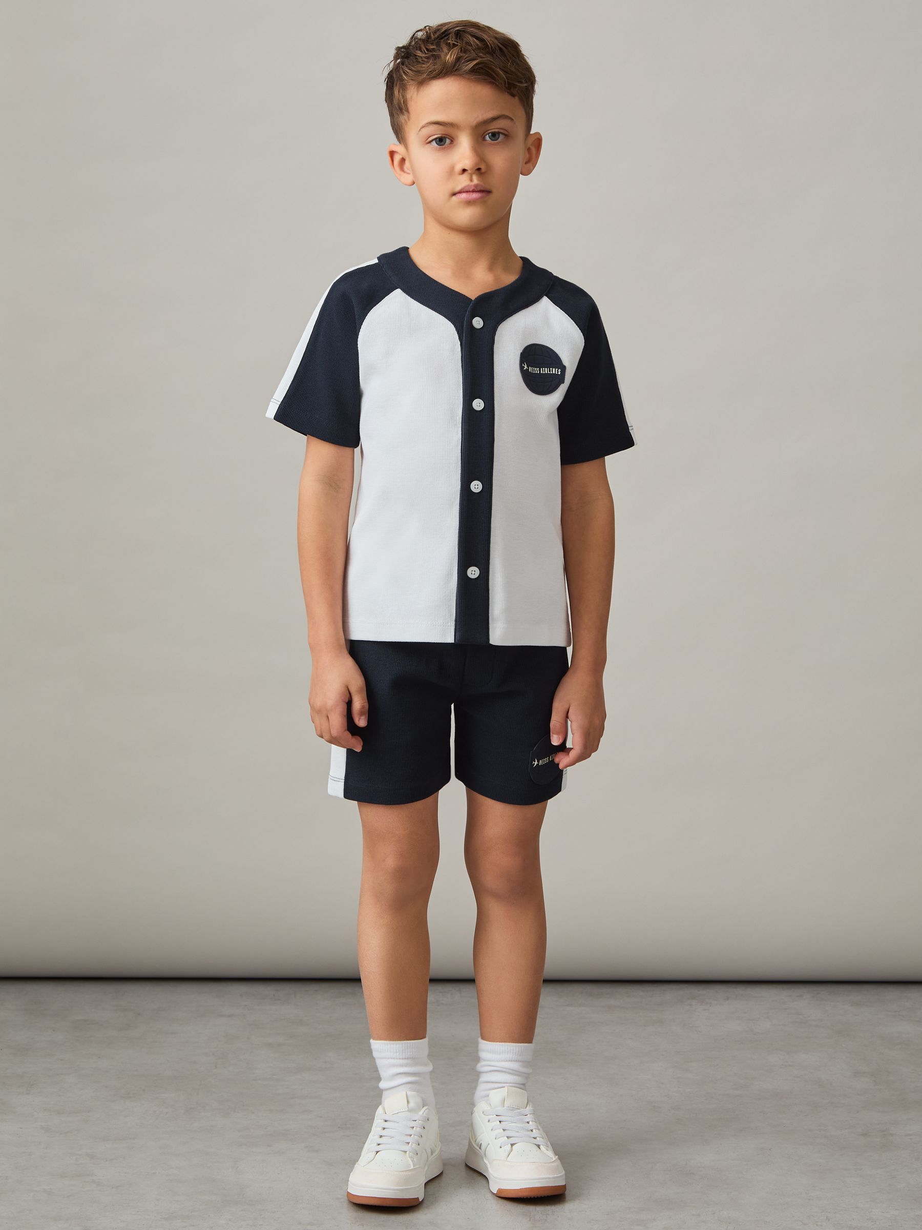 13-14 yrs Cotton Waffle-Knit Badge Shirt in Off White/Navy