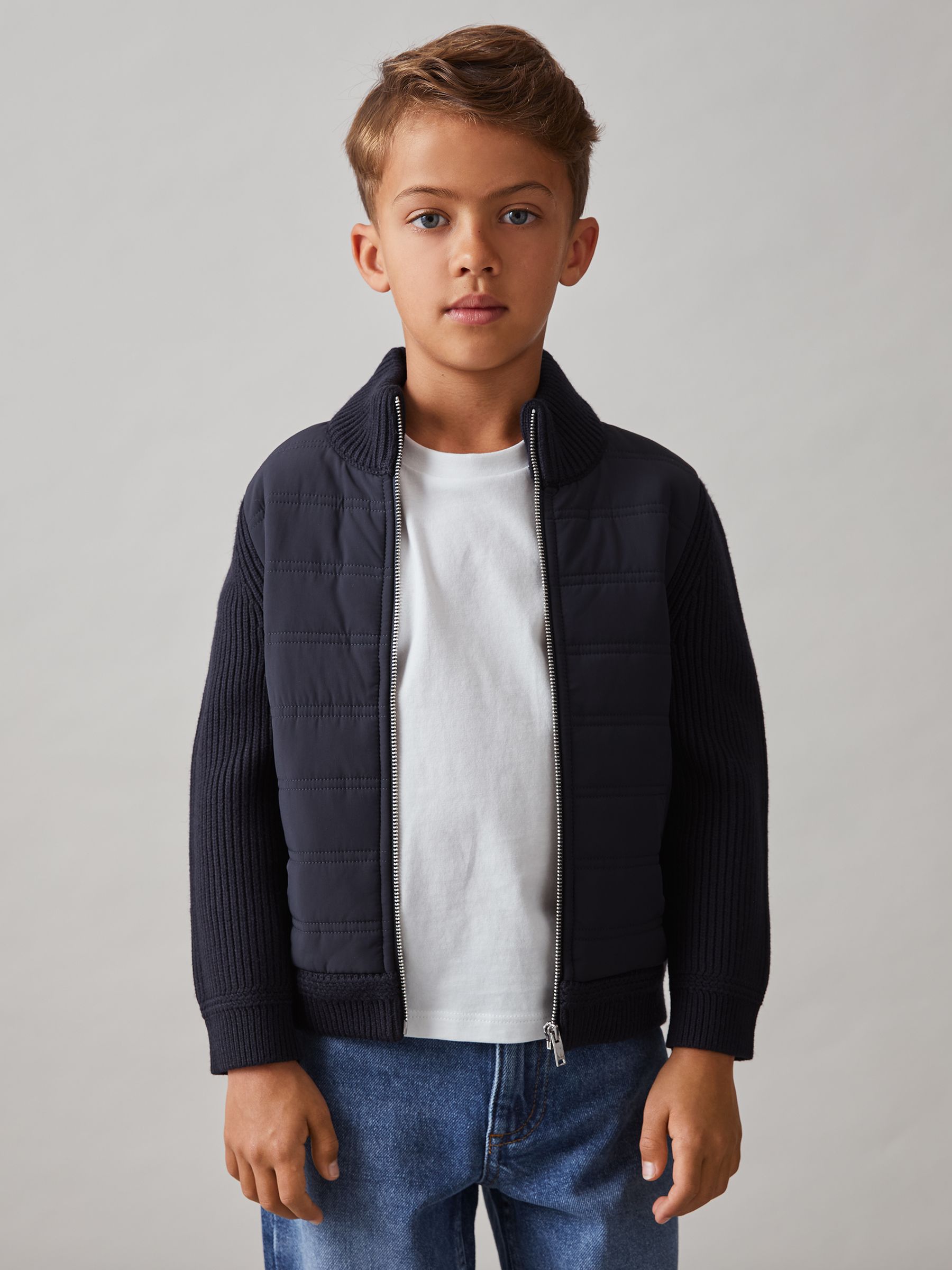 9-13 yrs Hybrid Quilt and Knit Zip Through Jacket in Navy