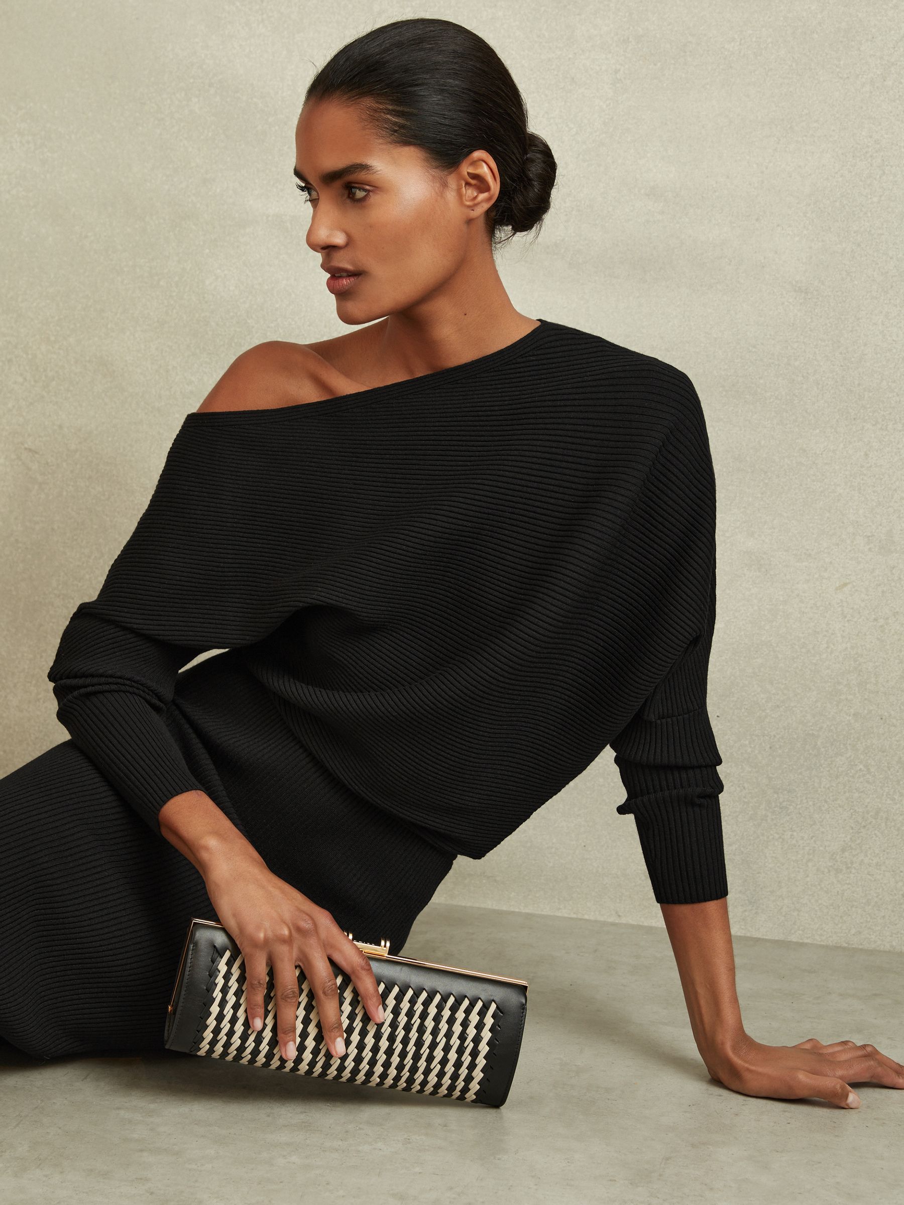Off-The-Shoulder Ribbed Midi Dress in Black