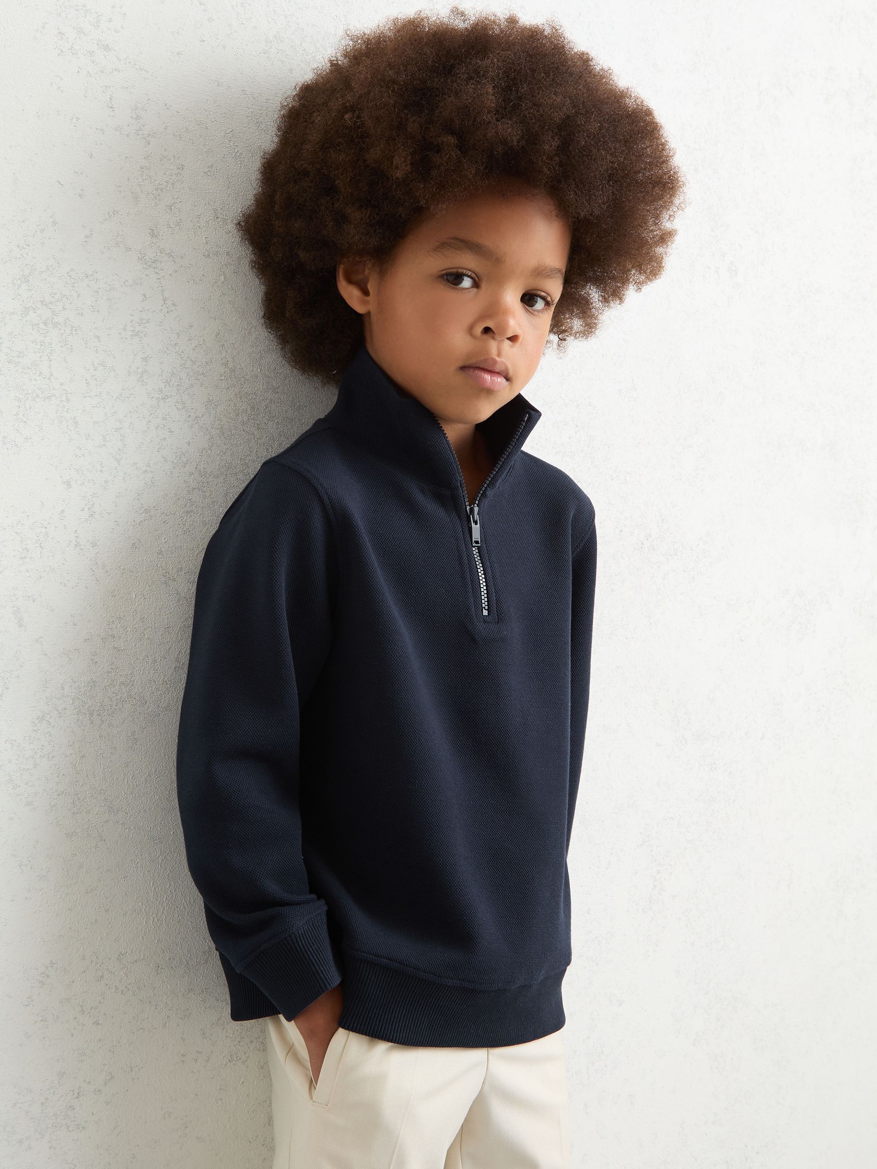 3-9 yrs Textured Half-Zip Sweatshirt with Cotton in Navy
