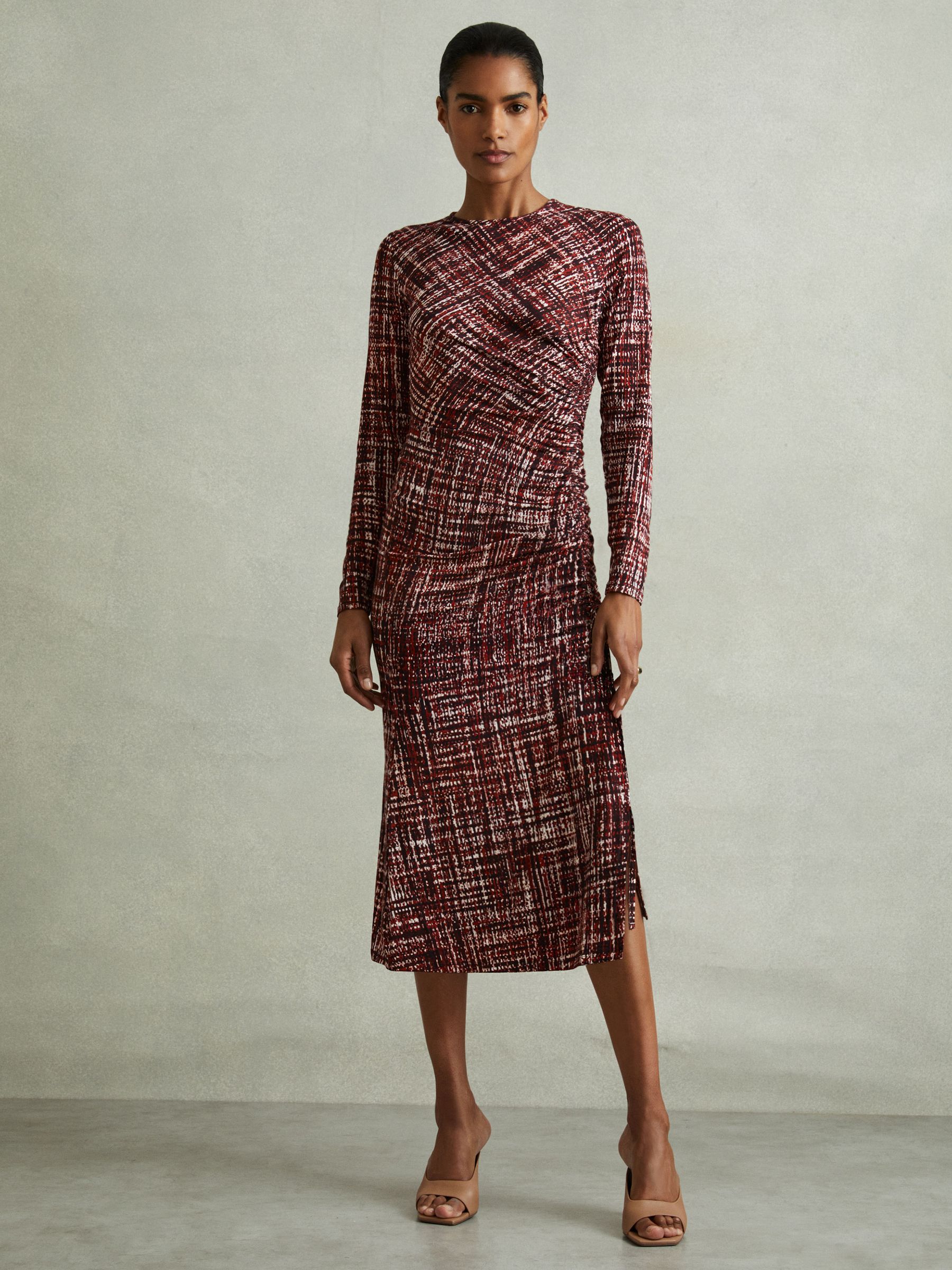 Petite Printed Ruched Midi Dress in Red