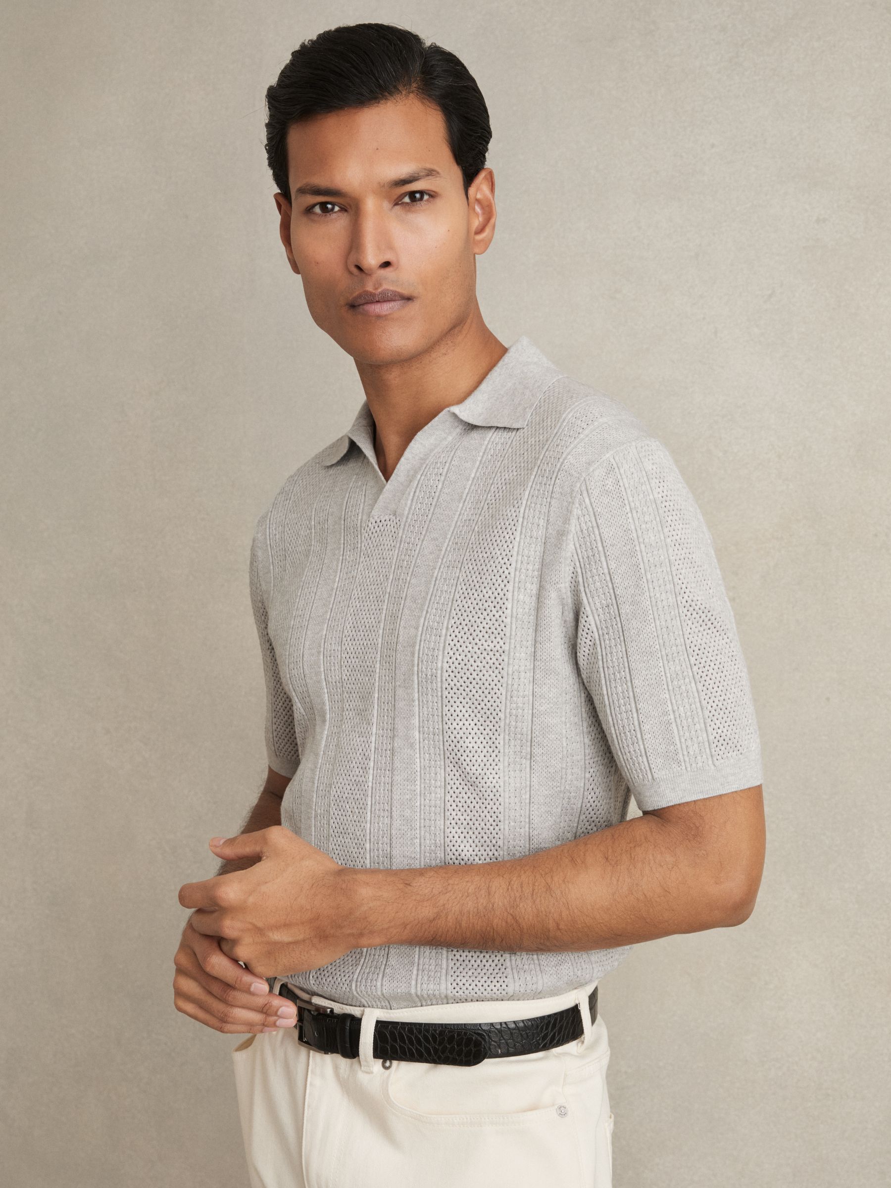 Textured-Stripe Knitted Polo Shirt in Grey Melange