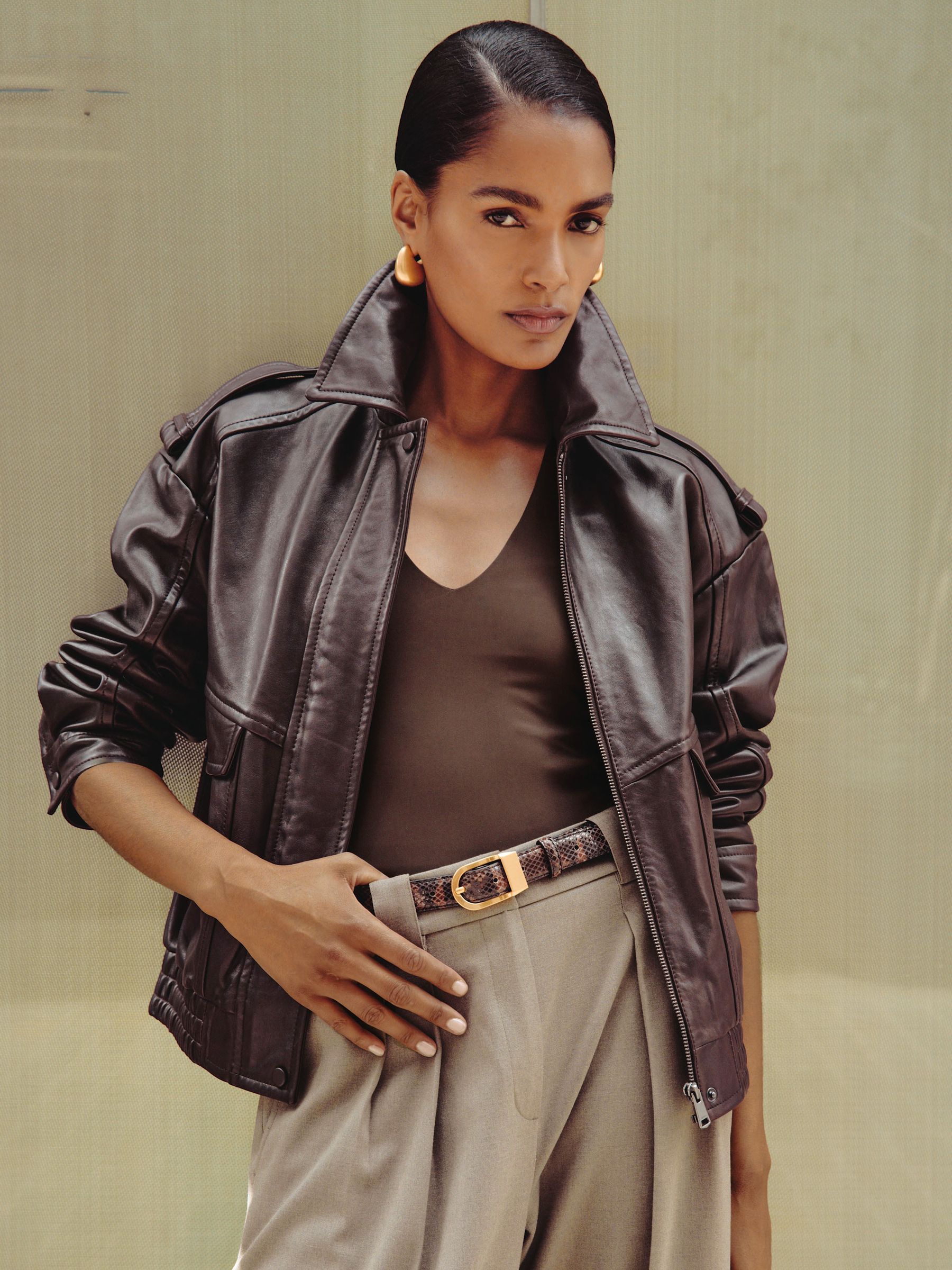 Oversized Leather Jacket in Aubergine