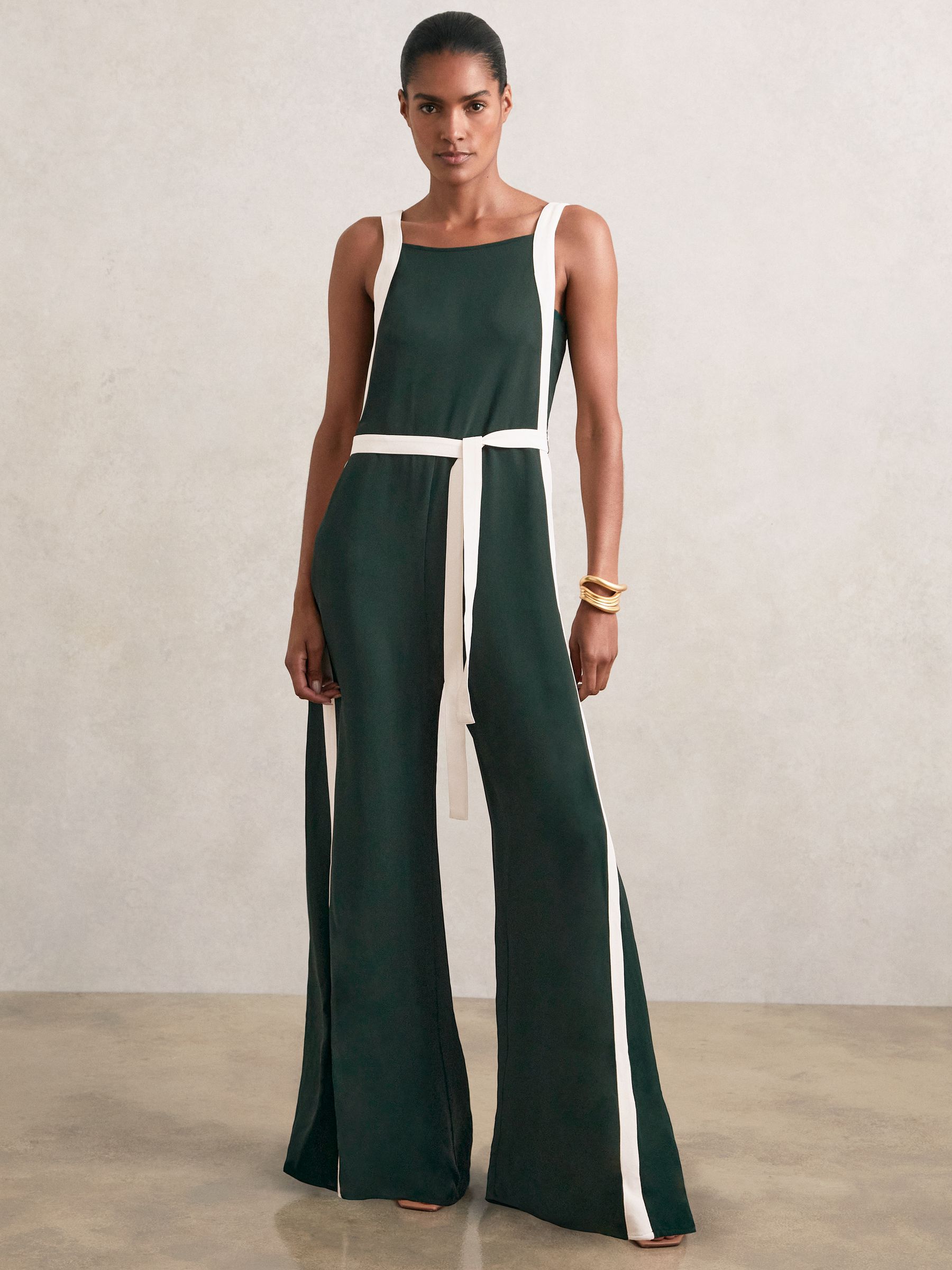 Colourblock Wide Leg Belted Jumpsuit in Dark Green/Cream