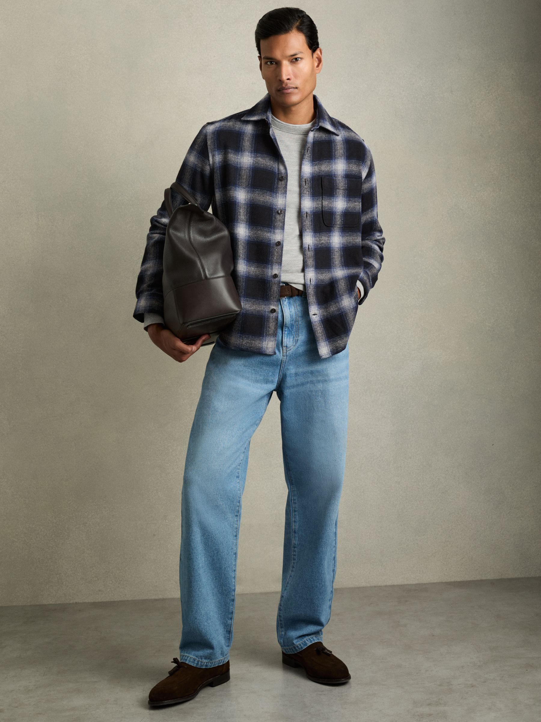 Check Patch Pocket Overshirt With Wool in Navy Multi