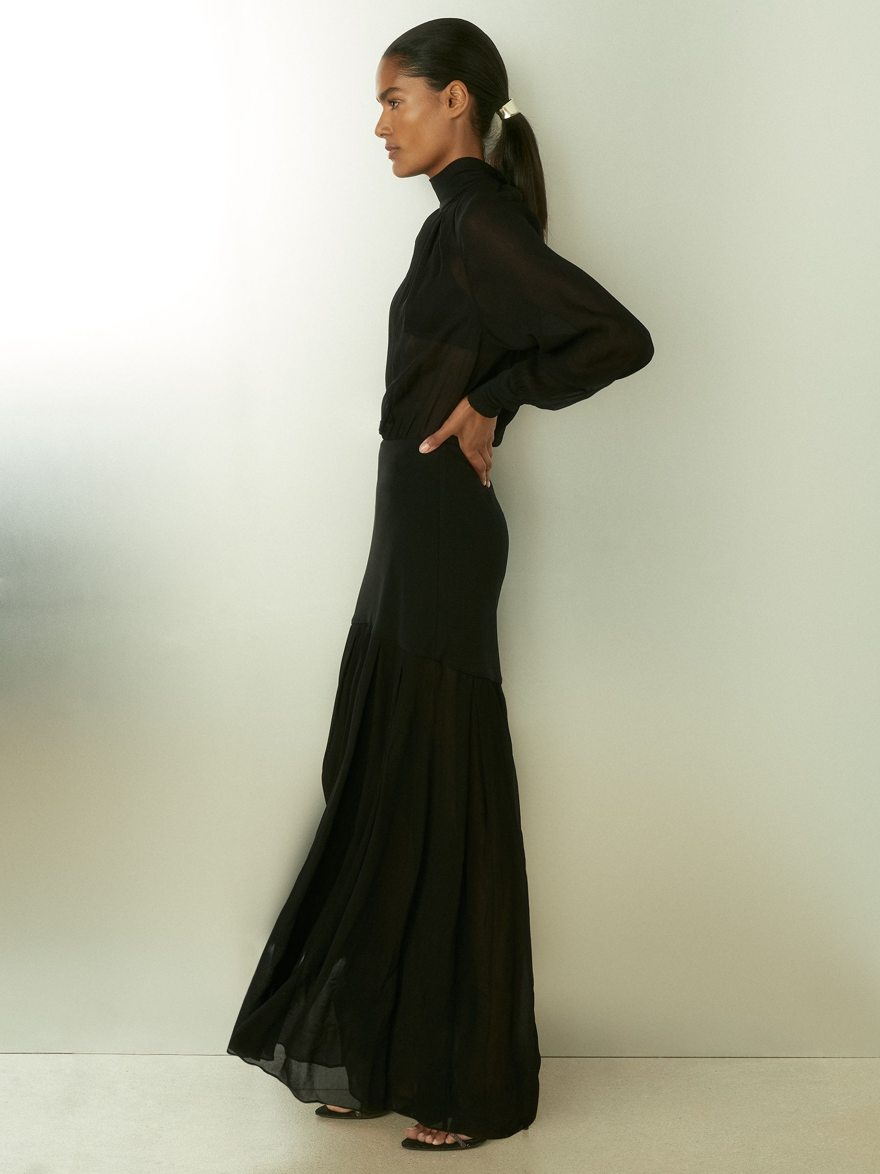 Sheer Jersey Gathered Maxi Dress in Black