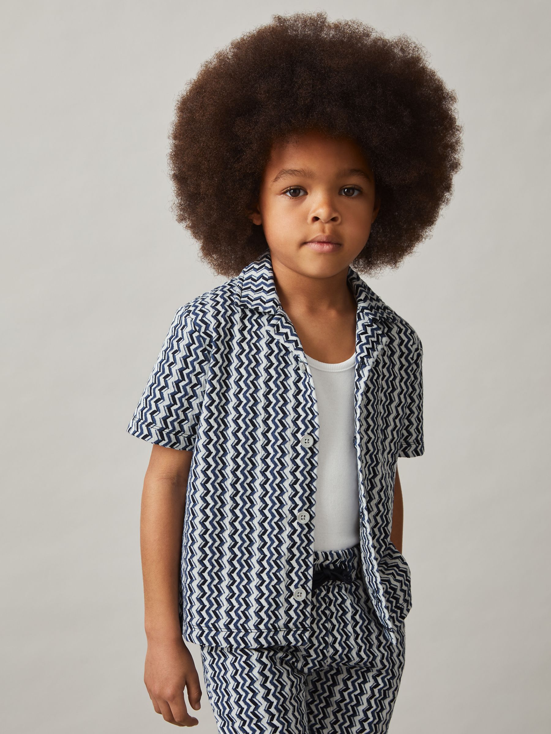 9-13 yrs Zig-Zag Knit Cuban-Collar Shirt in Blue