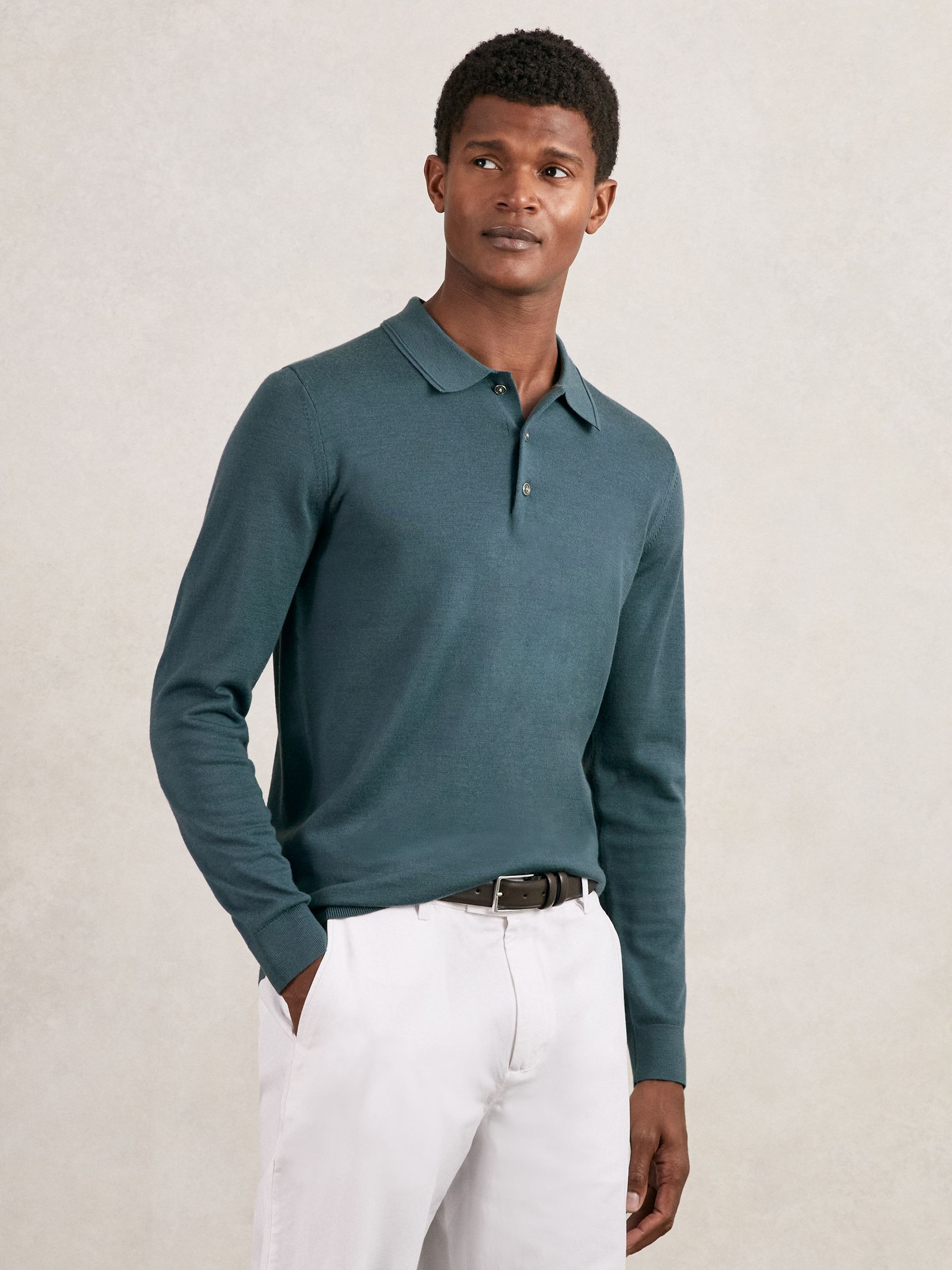 Merino Wool Long-Sleeve Polo Shirt in Orion Blue